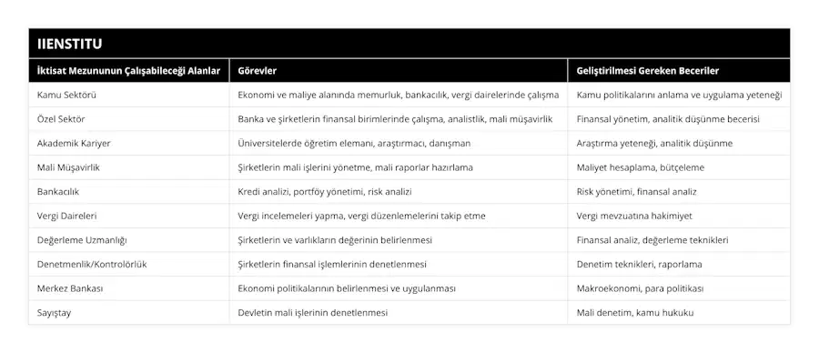 Kamu Sektörü, Ekonomi ve maliye alanında memurluk, bankacılık, vergi dairelerinde çalışma, Kamu politikalarını anlama ve uygulama yeteneği, Özel Sektör, Banka ve şirketlerin finansal birimlerinde çalışma, analistlik, mali müşavirlik, Finansal yönetim, analitik düşünme becerisi, Akademik Kariyer, Üniversitelerde öğretim elemanı, araştırmacı, danışman, Araştırma yeteneği, analitik düşünme, Mali Müşavirlik, Şirketlerin mali işlerini yönetme, mali raporlar hazırlama, Maliyet hesaplama, bütçeleme, Bankacılık, Kredi analizi, portföy yönetimi, risk analizi, Risk yönetimi, finansal analiz, Vergi Daireleri, Vergi incelemeleri yapma, vergi düzenlemelerini takip etme, Vergi mevzuatına hakimiyet, Değerleme Uzmanlığı, Şirketlerin ve varlıkların değerinin belirlenmesi, Finansal analiz, değerleme teknikleri, Denetmenlik/Kontrolörlük, Şirketlerin finansal işlemlerinin denetlenmesi, Denetim teknikleri, raporlama, Merkez Bankası, Ekonomi politikalarının belirlenmesi ve uygulanması, Makroekonomi, para politikası, Sayıştay, Devletin mali işlerinin denetlenmesi, Mali denetim, kamu hukuku