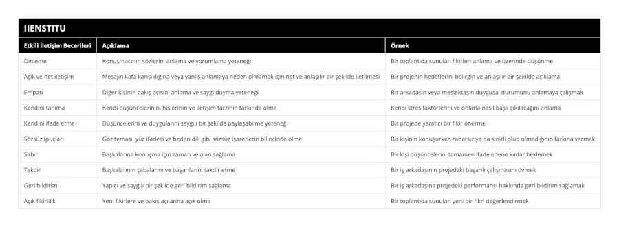 Dinleme, Konuşmacının sözlerini anlama ve yorumlama yeteneği, Bir toplantıda sunulan fikirleri anlama ve üzerinde düşünme, Açık ve net iletişim, Mesajın kafa karışıklığına veya yanlış anlamaya neden olmamak için net ve anlaşılır bir şekilde iletilmesi, Bir projenin hedeflerini belirgin ve anlaşılır bir şekilde açıklama, Empati, Diğer kişinin bakış açısını anlama ve saygı duyma yeteneği, Bir arkadaşın veya meslektaşın duygusal durumunu anlamaya çalışmak, Kendini tanıma, Kendi düşüncelerinin, hislerinin ve iletişim tarzının farkında olma, Kendi stres faktörlerini ve onlarla nasıl başa çıkılacağını anlama, Kendini ifade etme, Düşüncelerini ve duygularını saygılı bir şekilde paylaşabilme yeteneği, Bir projede yaratıcı bir fikir önerme, Sözsüz ipuçları, Göz teması, yüz ifadesi ve beden dili gibi sözsüz işaretlerin bilincinde olma, Bir kişinin konuşurken rahatsız ya da sinirli olup olmadığının farkına varmak, Sabır, Başkalarına konuşma için zaman ve alan sağlama, Bir kişi düşüncelerini tamamen ifade edene kadar beklemek, Takdir, Başkalarının çabalarını ve başarılarını takdir etme, Bir iş arkadaşının projedeki başarılı çalışmasını övmek, Geri bildirim, Yapıcı ve saygılı bir şekilde geri bildirim sağlama, Bir iş arkadaşına projedeki performansı hakkında geri bildirim sağlamak, Açık fikirlilik, Yeni fikirlere ve bakış açılarına açık olma, Bir toplantıda sunulan yeni bir fikri değerlendirmek