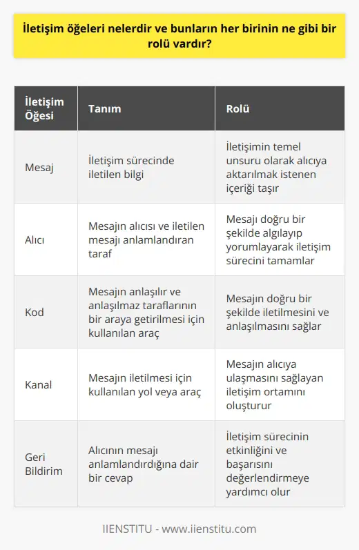 İletişim öğeleri, iletişim sürecinde kullanılan kaynaklar ve araçlardır. İletişim öğeleri arasında mesaj, alıcı, kod, kod çözme, kanal, etkileşim, geri bildirim, çevre ve kültür yer alır.  Mesaj, iletişim sürecinde iletilen bilgidir. Alıcı, mesajın alıcısıdır ve iletilen mesajı anlamlandırır. Kod, mesajın anlaşılır ve anlaşılmaz taraflarının bir araya getirilmesi için kullanılan bir araçtır. Kod çözme, kodu anlamlandırmak ve kavramak için kullanılan bir süreçtir. Kanal, mesajın iletilmesi için kullanılan yol veya araçtır. Etkileşim, mesajın iletilmesinde ve alıcının anlamlandırmasında bire bir iletişim sürecidir. Geri bildirim, alıcının mesajı anlamlandırdığına dair bir cevaptır. Çevre, iletişim sürecinin meydana geldiği ortamı ifade eder. Kültür, aralarındaki iletişim sürecini etkileyen toplumsal davranışların bir araya getirilmesidir.