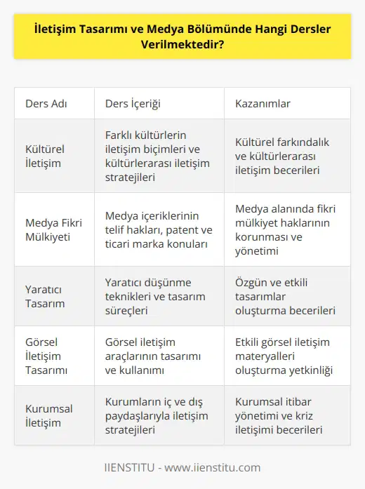 İletişim Tasarımı ve Medya Bölümünde verilen dersler şunlardır: -Kültürel İletişim -Medya Fikri Mülkiyeti -İletişim Planlaması -Yaratıcı Tasarım -İnternet Medyası -İletişim Teknolojisi -Görsel İletişim -Kamuoyu Yaratma - -Yönetim ve İletişim -Sosyal Medya -Kurumsal İletişim -Konuşma ve -Görsel Etkileşim Tasarımı -Yazılı Medya -Görsel İletişim Tasarımı