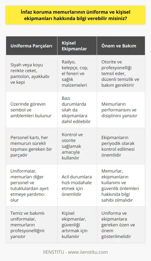 İnfaz Koruma Memurlarının Üniforma ve Kişisel Ekipmanları  Cezaevleri, toplumların ıslah merkezleri olarak önemli bir yere sahiptir. Bu merkezlerde düzenin sağlanması ve tutuklu ile hükümlülerin insani şartlarda yaşamaları için infaz koruma memurları görev yapar. Bu yazıda, infaz koruma memurlarının üniforma ve kişisel ekipmanlarına değineceğiz.  Üniforma ve Kişisel Ekipmanların Önemi  İnfaz koruma memurlarının üniforması, cezaevlerinde otorite ve profesyonelliklerini temsil eder. Bu üniformalar, memurları diğer personel ve tutuklulardan ayırt etmeye yardımcı olur. Kişisel ekipmanlar ise güvenliği arttırmak ve acil durumlara hızlı müdahale etmek amacıyla kullanılır.  Üniforma ve Ekipman Çeşitleri  İnfaz koruma memurlarının üniforması genellikle siyah veya koyu   te olup, üzerinde görevin sembol ve amblemleri bulunur. Bunun yanı sıra, pantolon, ceket, ayakkabı ve kepi gibi parçalardan oluşur. Personel kartı da her memurun sürekli taşıması gereken bir diğer üniforma parçasıdır.  Memurların kişisel ekipmanları ise radyo, kelepçe, cop, el feneri, sağlık malzemeleri ve bazı durumlarda silah olarak belirlenmiştir. Bu ekipmanlar, kontrol ve otorite sağlamak adına kullanılır.  Ekipmanların Bakımı ve Kullanımı  İnfaz koruma memurlarının üniforma ve ekipmanlarının temiz ve bakımlı olması, performanslarını ve disiplinlerini yansıtır. Bu nedenle, üniformanın düzenli olarak temizlenmesi ve ekipmanların periyodik olarak kontrol edilmesi gereklidir.  Ayrıca, memurların ekipmanlarından maksimum fayda sağlayabilmeleri için kullanım talimatları ve güvenlik önlemleri hakkında bilgi sahibi olmaları önemlidir.  Sonuç  İnfaz koruma memurları, ceza ve tevkif evlerinde düzeni sağlayarak tutuklu ve hükümlülerin insan haklarına uygun bir yaşam sürdürmelerine yardımcı olmaktadır. Bu önemli görevi yerine getirirken, üniforma ve kişisel ekipmanlar memurların otoritelerini sağlamak ve profesyonel bir görünüm sergilemek için vazgeçilmez bir rol oynar. Bu nedenle, infaz koruma memurlarının üniforma ve ekipmanlarına gereken özen ve önemi göstermeleri büyük önem taşır.