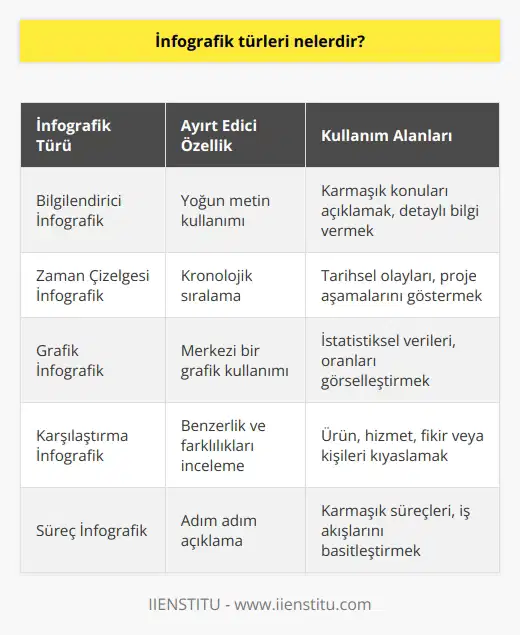 Bilgilendirici infografik, diğer infografik türlerine kıyasla ortalamanın üzerinde metin kullanımı ile ayırt edilir. Zaman çizelgesi infografik, olayları veya eylemleri k sırada gösterir. Grafik infografik içerisinde bilgiyi görselleştirmenin merkezi olarak bir grafik bulunur ve son olarak karşılaştırma infografik ise iki veya daha fazla ürün, konum, olay, eylem, fikir veya birey arasındaki benzerlikleri ve farklılıkları inceler.