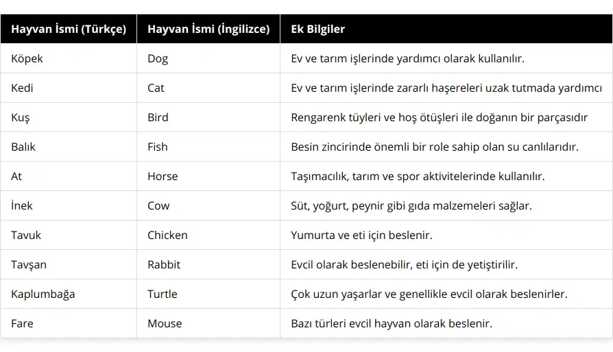 Köpek, Dog, Ev ve tarım işlerinde yardımcı olarak kullanılır, Kedi, Cat, Ev ve tarım işlerinde zararlı haşereleri uzak tutmada yardımcı, Kuş, Bird, Rengarenk tüyleri ve hoş ötüşleri ile doğanın bir parçasıdır, Balık, Fish, Besin zincirinde önemli bir role sahip olan su canlılarıdır, At, Horse, Taşımacılık, tarım ve spor aktivitelerinde kullanılır, İnek, Cow, Süt, yoğurt, peynir gibi gıda malzemeleri sağlar, Tavuk, Chicken, Yumurta ve eti için beslenir, Tavşan, Rabbit, Evcil olarak beslenebilir, eti için de yetiştirilir, Kaplumbağa, Turtle, Çok uzun yaşarlar ve genellikle evcil olarak beslenirler, Fare, Mouse, Bazı türleri evcil hayvan olarak beslenir