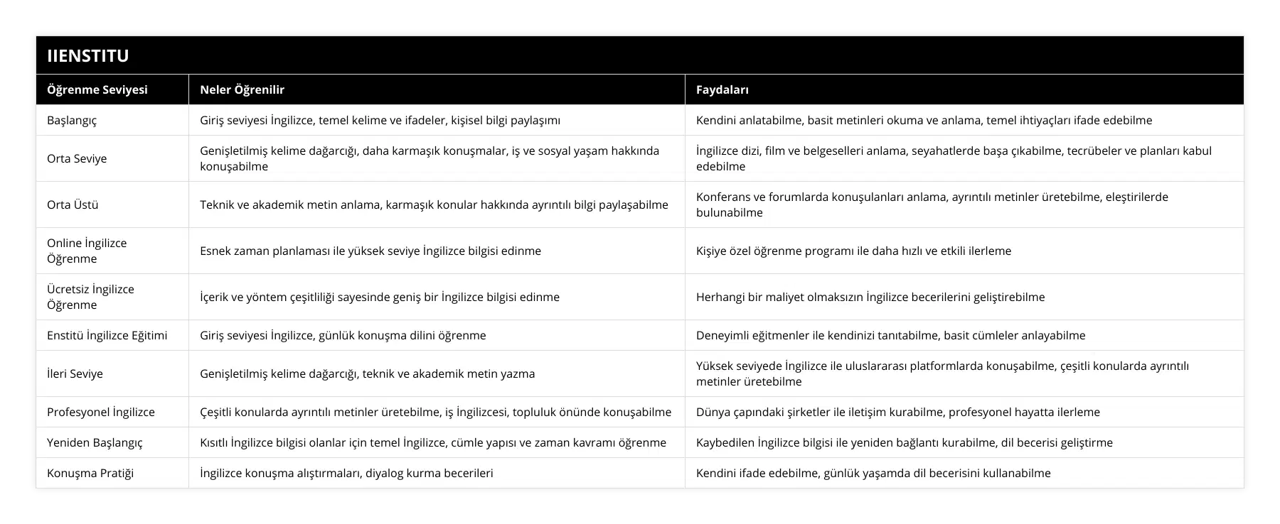 Başlangıç, Giriş seviyesi İngilizce, temel kelime ve ifadeler, kişisel bilgi paylaşımı, Kendini anlatabilme, basit metinleri okuma ve anlama, temel ihtiyaçları ifade edebilme, Orta Seviye, Genişletilmiş kelime dağarcığı, daha karmaşık konuşmalar, iş ve sosyal yaşam hakkında konuşabilme, İngilizce dizi, film ve belgeselleri anlama, seyahatlerde başa çıkabilme, tecrübeler ve planları kabul edebilme, Orta Üstü, Teknik ve akademik metin anlama, karmaşık konular hakkında ayrıntılı bilgi paylaşabilme, Konferans ve forumlarda konuşulanları anlama, ayrıntılı metinler üretebilme, eleştirilerde bulunabilme, Online İngilizce Öğrenme, Esnek zaman planlaması ile yüksek seviye İngilizce bilgisi edinme, Kişiye özel öğrenme programı ile daha hızlı ve etkili ilerleme, Ücretsiz İngilizce Öğrenme, İçerik ve yöntem çeşitliliği sayesinde geniş bir İngilizce bilgisi edinme, Herhangi bir maliyet olmaksızın İngilizce becerilerini geliştirebilme, Enstitü İngilizce Eğitimi, Giriş seviyesi İngilizce, günlük konuşma dilini öğrenme, Deneyimli eğitmenler ile kendinizi tanıtabilme, basit cümleler anlayabilme, İleri Seviye, Genişletilmiş kelime dağarcığı, teknik ve akademik metin yazma, Yüksek seviyede İngilizce ile uluslararası platformlarda konuşabilme, çeşitli konularda ayrıntılı metinler üretebilme, Profesyonel İngilizce, Çeşitli konularda ayrıntılı metinler üretebilme, iş İngilizcesi, topluluk önünde konuşabilme, Dünya çapındaki şirketler ile iletişim kurabilme, profesyonel hayatta ilerleme, Yeniden Başlangıç, Kısıtlı İngilizce bilgisi olanlar için temel İngilizce, cümle yapısı ve zaman kavramı öğrenme, Kaybedilen İngilizce bilgisi ile yeniden bağlantı kurabilme, dil becerisi geliştirme, Konuşma Pratiği, İngilizce konuşma alıştırmaları, diyalog kurma becerileri, Kendini ifade edebilme, günlük yaşamda dil becerisini kullanabilme