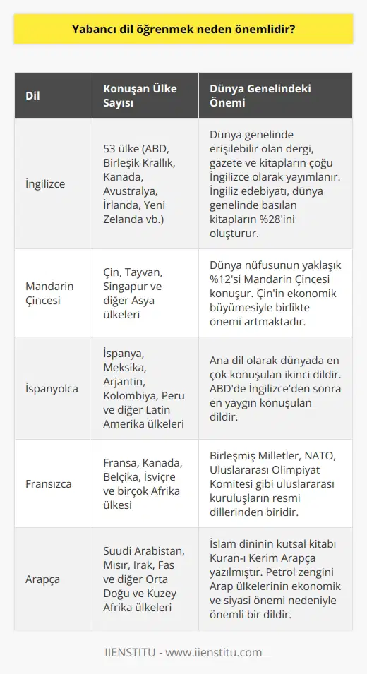 İngilizce günümüzde en yaygın olarak konuşulan dildir ve Mandarin Çincesi ile İspanyolcadan sonra, ana dil olarak en çok konuşulan üçüncü dildir. 53 ülke bu dili resmi olarak kullanmaktadır; örnek olarak Amerika Birleşik Devletleri, Birleşik Krallık, Kanada, Avustralya, İrlanda ve Yeni Zelanda sayılabilir. Yabancı dil olarak öğrenenlerin sayısı önümüzdeki yıllarda 2 milyarı aşması bekleniyor. Bu nedenle, yabancı dil öğreniminin önemi kesinlikle küçümsenemez.  Dil Öğreniminin Faydaları  Yabancı dil öğrenmek, dünyadaki en tatmin edici duygulardan birini sağlar: farklı bir dilde kendini ifade edebilme yeteneği. İngilizce, kısa sürede öğrenilebilecek bir dil olduğu için, öğrenmek isteyenlerin hayatına birçok fırsat sunar. Mesela, dünya genelinde erişilebilir olan çoğu dergi, gazete ve kitap İngilizce olarak yayımlanır ve İngiliz edebiyatı dünya genelinde basılan kitapların %28ini oluşturur.  İş Dünyası ve İngilizce  İş dünyasında başarı, büyük ölçüde iletişime bağlıdır ve bu iletişim çoğunlukla İngilizce gerçekleşir. İşletmeler, geniş pazarlara hitap etmek istiyorlarsa, yabancı dilde iletişim kurma becerisi şarttır. İngilizceyi akıcı şekilde ve uygun ifade tarzıyla kullanabilme yeteneği, şirketleri dünya pazarında bir adım öne çıkarır ve kar etme şansını artırır.  Küreselleşme ve İngilizce  Küreselleşen dünyada, uluslararası şirketler coğrafyalar arası işbirliği sağlamak için İngilizce iletişim kurmayı tercih ediyorlar. Nissan, Honda ve Siemens gibi şirketler, İngilizce iletişim sayesinde dünya genelinde işbirliği yapmaktadırlar. Bu nedenle,    ve iş bulmak için yabancı dil bilgisi büyük bir etken olarak görülmektedir. Tek dil bilen adaylar, iki veya daha fazla dil konuşabilen adaylara göre işe alınma ihtimali daha düşüktür.  Sonuç olarak, İngilizce öğrenme süreci başlangıçta zor ve ürkütücü gibi görünse de, bu dilin öğrenilmesinin sağlayacağı ödüller hayatınızı birçok açıdan genişletebilir ve geliştirebilir. İster iş dünyasında başarılı olmak, ister kültürel zenginliklere erişmek için olsun, İngilizce öğrenmenin önemi günümüz dünyasında hiç olmadığı kadar büyüktür.