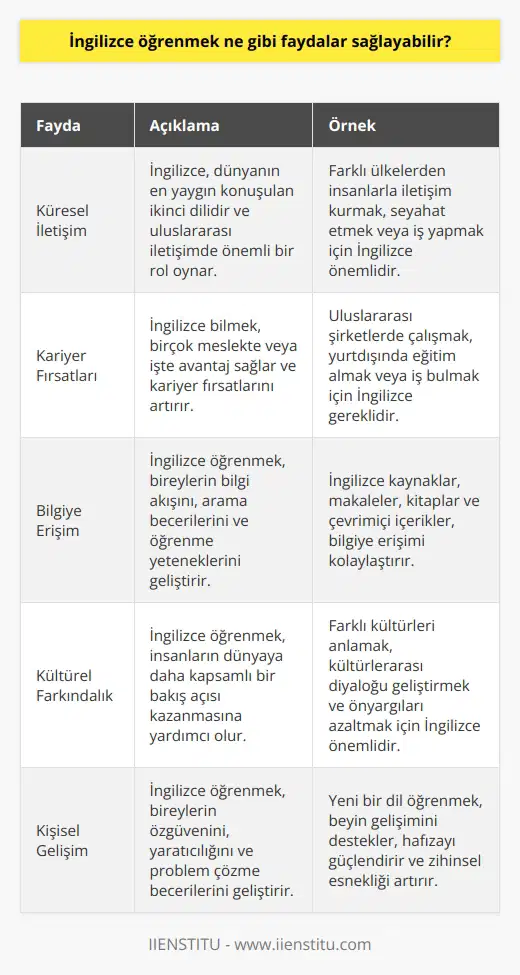 Öğrenmek için İngilizce çok sayıda fayda sağlayabilir. Birincisi, İngilizce dünyanın en yaygın konuşulan ikinci dilidir, bu nedenle çoğu meslekte veya işte İngilizce konuşmak çok önemlidir. İkinci olarak, İngilizce öğrenmek, bireylerin bilgi akışını, arama becerilerini ve öğrenme yeteneklerini geliştirmesine yardımcı olabilir. İngilizce öğrenmek, insanların dünyaya daha kapsamlı bir bakış açısı kazanmasına da yardımcı olabilir. Ayrıca, İngilizce öğrenmek, insanların kültürler arası etkileşimleri ve iletişimi geliştirmesine yardımcı olabilir.