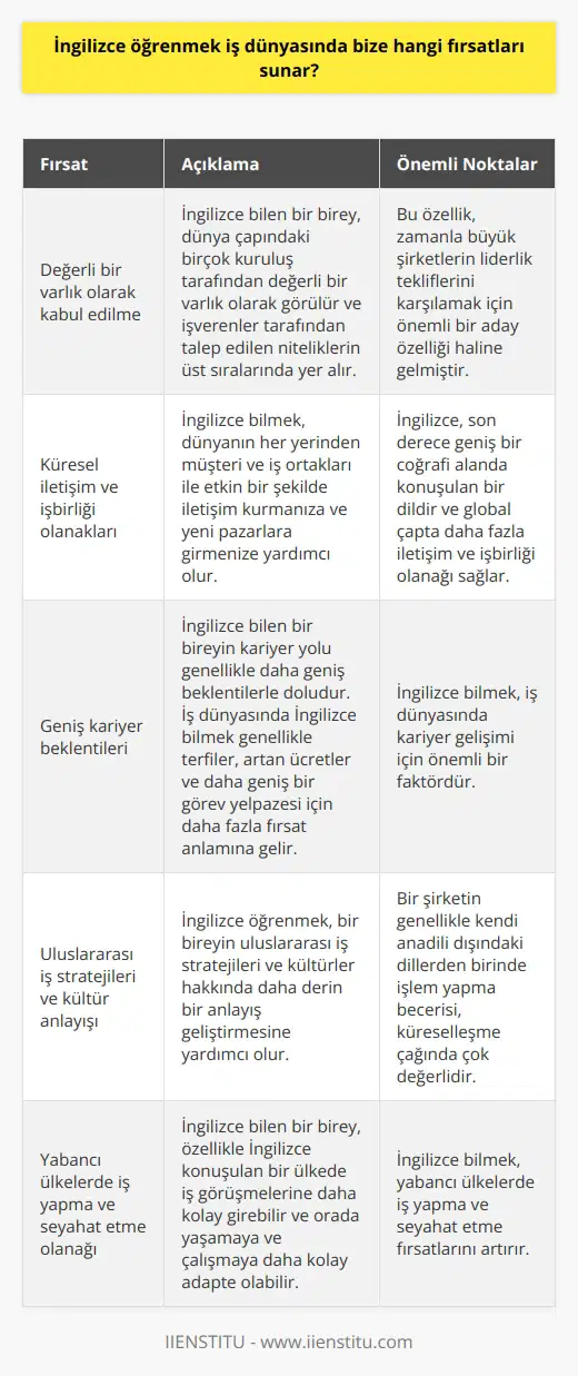 İngilizce öğrenmek iş dünyasında bize bir dizi fırsat sunar. İlk olarak, İngilizce bilen bir birey dünya çapındaki birçok kuruluş tarafından değerli bir varlık olarak kabul edilir. Bu, işverenler tarafından talep edilen niteliklerin üst sıralarında yer alır ve zamanla büyük şirketlerin liderlik tekliflerini, karşılamak için önemli bir aday özellik haline gelmiştir. İkinci olarak, İngilizce bilmek, global çapta daha fazla iletişim ve işbirliği olanağı sağlar. Çünkü, İngilizce son derece geniş bir coğrafi alanda konuşulan bir dildir. Bu, dünyanın her yerinden müşteri ve iş ortakları ile etkin bir şekilde iletişim kurmanıza ve yeni pazarlara girmenize yardımcı olur. Üçüncüsü, İngilizce bilen bir bireyin kariyer yolu genellikle daha geniş beklentilerle doludur. İş dünyasında İngilizce bilmek genellikle terfiler, artan ücretler ve daha geniş bir görev yelpazesi için daha fazla fırsat anlamına gelir. Bunun yanı sıra, İngilizce öğrenmek iş dünyasında ayrıca, bir bireyin uluslararası iş stratejileri ve kültürler hakkında daha derin bir anlayış geliştirmesine yardımcı olur. İş dünyasında, bir şirketin genellikle kendi anadili dışındaki dillerden birinde işlem yapma becerisi, küreselleşme çağında çok değerlidir. Son olarak, İngilizce bilmek yabancı ülkelerde iş yapma ve seyahat etme olanağı sunar. İngilizce konuşan bir birey, özellikle İngilizce konuşulan bir ülkede iş görüşmelerine daha kolay girebilir ve orada yaşamaya ve çalışmaya daha kolay adapte olabilir. Sonuç olarak, İngilizce öğrenmek iş dünyasında birçok fırsat sunar. İşverenler tarafından değerli bir yetenek olarak kabul edilir, iletişim ve işbirliği olanaklarını genişletir, kariyer beklentilerini arttırır, uluslararası iş stratejisi ve kültür anlayışını derinleştirir ve yabancı ülkelerde iş yapma ve seyahat etme olanağı sunar. Bu nedenle, İngilizce öğrenmek iş dünyasında hem başarılı hem de rekabetçi olmak için son derece önemlidir.