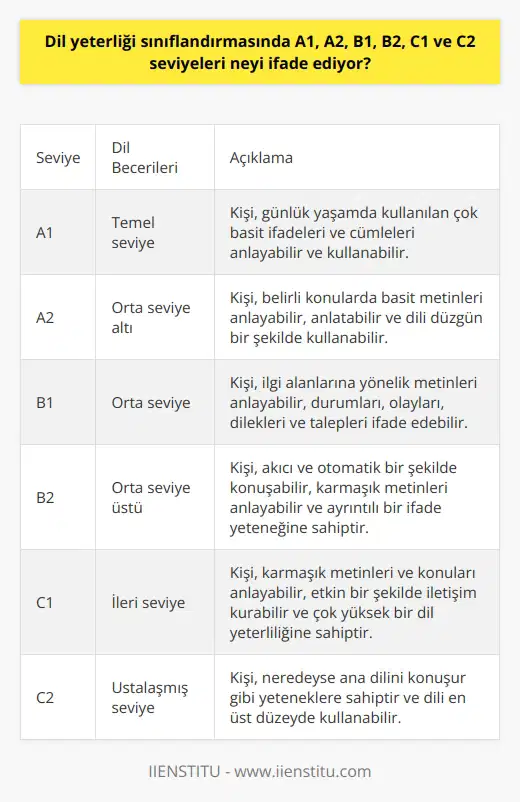 Dil yeterlilik sınıflandırmasında, dil yeteneklerinin ayrıntılı ve anlamsal bir şekilde ifade edilmesi için A1den C2ye kadar altı seviye belirlenmiştir. Bu seviyeler Avrupa Dil Öğretim Yeterlilikleri Çerçeve Sistemi (CEFR) ile tanımlanmış olup, dil öğreniminde ve dil seviyesi belirleme süreçlerinde uluslararası standartları belirlemektedir. A1 seviyesi, kişinin dil eğitimine yeni başladığı ve günlük yaşamda kullanılan çok basit ifadeleri ve cümleleri anlamasını ve kullanabilmesini ifade eder. A2 seviyesi, kişinin belirli konularda basit metinleri anlama ve anlatabilme, geniş bir kelime dağarcığına ulaşarak dilin düzgün bir şekilde kullanılabilme yeteneğine işaret eder. B1 seviyesi, kişinin ilgi alanlarına yönelik metinleri anlayabilme, durumları ve olayları, dilek ve talepleri ifade etme yeteneğini sembolize eder. B2 seviyesinde, akıcı ve otomatik bir şekilde konuşabilme, karmaşık metinleri anlayabilme ve ayrıntılı bir ifade yeteneği bulunur. C1 seviyesi, dil kullanımında en yüksek düzeylerden birini temsil eder. Bu seviyedeki bir kişi, karmaşık metinleri ve konuları anlama yeteneği ve etkin bir şekilde iletişim kurabilme yeteneği ile çok yüksek bir dil yeterliliğine sahip olur. Bu seviyenin hemen üzerinde yer alan C2 seviyesi ise kişinin neredeyse ana dilini konuşur gibi yeteneklere sahip olduğu anlamına gelir. Özetle, bu sınıflandırmalar dil yeterliliği düzeylerini belirlerken, aynı zamanda dil öğreniminde bir yol haritası sunar. Dil sınıflandırmasının bu sistematik yaklaşımı, öğrencinin dil öğrenimindeki ilerlemesini daha ölçülür ve anlaşılır kılar. Seviye tespitlerinin doğru bir şekilde gerçekleştirilmesi, bu nedenle, öğrencinin ilerlemesini takip etme ve ders içeriklerini planlama açısından büyük öneme sahiptir. Her seviyenin belirli bir dili ne kadar iyi anlama ve kullanabilme becerisini temsil ettiğini anlamak, dil öğretiminde ayrı şaşırtıcı öneme sahiptir. Bu hedefler belirlendiğinde, her seviyede dil becerilerinin artırılması ve pratik uygulamalarının desteklenmesi faaliyetleri daha tutarlı ve verimli bir şekilde düzenlenebilir.