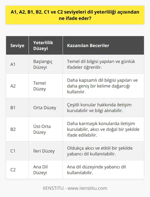 A1, A2, B1, B2, C1 ve C2 Seviyelerinin Dil Yeterliliği Açısından İfade Ettiği Özellikler  Yabancı dil öğrenmek isteyen adaylar için seviye tespit sınavları büyük önem taşımaktadır. A1, A2, B1, B2, C1 ve C2 seviyeleri dil yeterliliği açısından öğrencilerin hangi düzeyde yabancı dil bilgisine sahip olduğunu gösterir. Bu seviyeler Avrupa Dil Portföyü çerçevesinde belirlenen dil yeterlilik düzeyleridir ve her biri öğrencinin farklı becerilere sahip olduğunu ifade eder.  A1 seviyesi başlangıç düzeyine işaret eder ve bu düzeydeki öğrenciler temel dil bilgisi yapılarını ve günlük ifadeleri öğrenirler. A2 seviyesi temel düzey olarak adlandırılır ve öğrencilerin daha kapsamlı dil bilgisi yapılarını ve daha geniş bir kelime dağarcığı kullanmasını sağlar. B1 seviyesi ise orta düzey olarak kabul edilir ve bu düzeyde öğrenciler çeşitli konular hakkında iletişim kurabilir ve bilgi alabilirler.  B2 seviyesi üst-orta düzeye gelir ve öğrenciler bu seviyede daha karmaşık konularda iletişim kurabilir, akıcı ve doğal bir şekilde ifade edebilirler. C1 seviyesi ileri düzey olarak kabul edilir ve öğrenciler bu düzeyde oldukça akıcı ve etkili bir şekilde yabancı dil kullanabilirler. Ayrıca, dil yeterlilik seviyesi C2 ise öğrencilerin ana dil düzeyinde yabancı dil kullanabilmesini sağlar.  Tespit Sınavlarının Önemi ve Sınav Türleri  Seviye tespit sınavlarının temel amacı adayın doğru içerik ve kaynak belirlenmesinde yardımcı olmaktır. Yeterlilik sınavlarında alınan puanlar, dil seviyesini belirlemekte etkili olur. Tespit sınavlarında genellikle okuma, anlama, yazma ve boşluk doldurma becerileri ölçülür. Yazılı sınav, sözlü mülakat ve online programlar ile sınavlar yapılmaktadır. Sözlü mülakatlar, adayların dil becerilerinin pratik yapılarak ölçülmesi amacını taşırken, online testler hızlı ve çevrimiçi olarak tamamlanabilir.  Öğrencilerin Başarısı ve Motivasyonu İçin Doğru Eğitim Planlaması  İngilizce eğitim planlamasının doğru ve adayın ihtiyaçlarına uygun olarak yapılması, öğrencinin başarısı ve motivasyonu açısından büyük önem taşımaktadır. Seviye tespit sınavlarına önem verilmesi ve eğitim materyallerinin doğru seçilmesi, başarıya giden yolda en büyük yardımcı olacaktır. Ayrıca, benzer bilgi birikimine sahip olan adayların aynı ortamda bulunması, derslerin verimi ve adayın motivasyonu üzerinde olumlu sonuçlar doğurur.  Sonuç olarak, A1, A2, B1, B2, C1 ve C2 seviyeleri dil yeterliliği açısından öğrencilerin sahip olduğu bilgi ve becerileri ifade eder. Seviye tespit sınavları ve doğru eğitim planlaması ile adaylar daha başarılı sonuçlar elde edebilir ve yabancı dili etkili bir şekilde kullanabilirler.