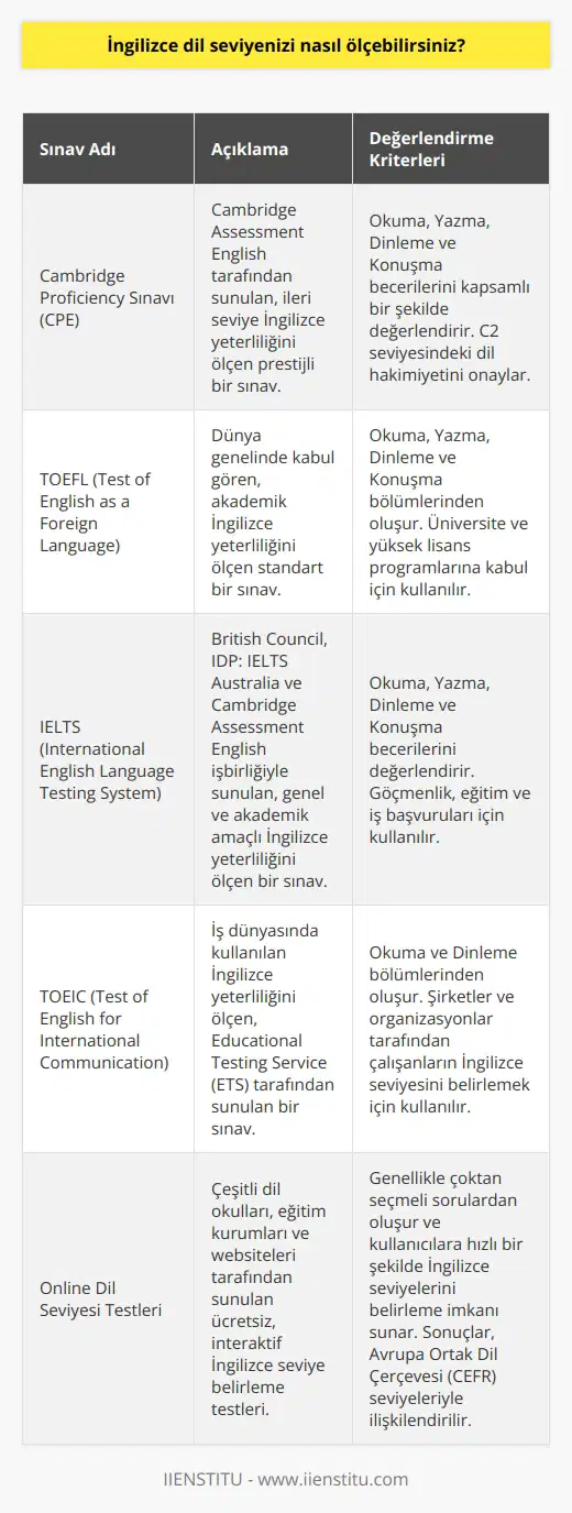 Bir İngilizce dil seviyesini ölçmek için, çeşitli standart testleri, sınavları ve değerlendirmeleri kullanılabilir. Örnek olarak, Cambridge Proficiency Sınavı, İngilizce dil seviyenizi ölçmek için kullanılan ünlü bir testtir. Öğrencilerin İngilizce dil yeterliliklerini ölçmek için kullanılan diğer testler arasında TOEFL, IELTS ve TOEIC de bulunur. Ayrıca, İngilizce dil seviyenizi ölçmek için ücretsiz online testler ve değerlendirmeler de mevcuttur.