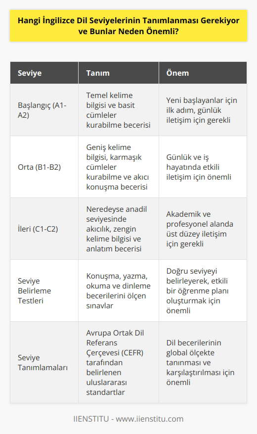 Kullanılan İngilizce dil seviyelerinin tanımlanması, konuşmacıların ne kadar İngilizce bildiklerini anlamak için çok önemlidir. Bir konuşmacının İngilizce becerisinin ne olduğunu tespit etmek için, dil seviyelerinden yararlanılır. İngilizce dil seviyeleri, başlangıçtan ileri düzeye kadar değişen konuşma, yazma, okuma ve dinleme becerilerini kapsar. Kullanılan İngilizce dil seviyelerinin tanımlanması, İngilizce konuşmalarının güvenli ve etkin bir şekilde gerçekleştirilmesini sağlar. Ayrıca, konuşmacıların İngilizce becerilerini geliştirmeye çalışırken hangi seviyelerde çalışmaları gerektiğini de belirler. Bu nedenle, kullanılan İngilizce dil seviyelerinin tanımlanması çok önemlidir.