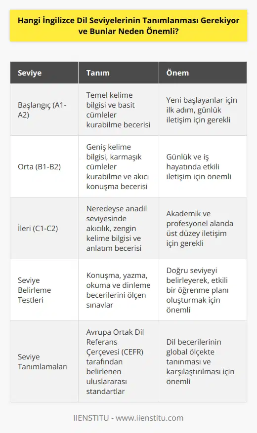 Kullanılan İngilizce dil seviyelerinin tanımlanması, konuşmacıların ne kadar İngilizce bildiklerini anlamak için çok önemlidir. Bir konuşmacının İngilizce becerisinin ne olduğunu tespit etmek için, dil seviyelerinden yararlanılır. İngilizce dil seviyeleri, başlangıçtan ileri düzeye kadar değişen konuşma, yazma, okuma ve dinleme becerilerini kapsar. Kullanılan İngilizce dil seviyelerinin tanımlanması, İngilizce konuşmalarının güvenli ve etkin bir şekilde gerçekleştirilmesini sağlar. Ayrıca, konuşmacıların İngilizce becerilerini geliştirmeye çalışırken hangi seviyelerde çalışmaları gerektiğini de belirler. Bu nedenle, kullanılan İngilizce dil seviyelerinin tanımlanması çok önemlidir.