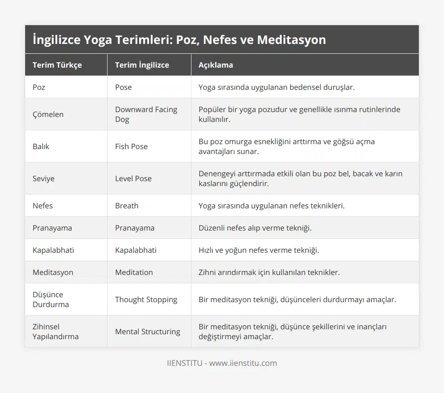 Poz, Pose, Yoga sırasında uygulanan bedensel duruşlar, Çömelen, Downward Facing Dog, Popüler bir yoga pozudur ve genellikle ısınma rutinlerinde kullanılır, Balık, Fish Pose, Bu poz omurga esnekliğini arttırma ve göğsü açma avantajları sunar, Seviye, Level Pose, Denengeyi arttırmada etkili olan bu poz bel, bacak ve karın kaslarını güçlendirir, Nefes, Breath, Yoga sırasında uygulanan nefes teknikleri, Pranayama, Pranayama, Düzenli nefes alıp verme tekniği, Kapalabhati, Kapalabhati, Hızlı ve yoğun nefes verme tekniği, Meditasyon, Meditation, Zihni arındırmak için kullanılan teknikler, Düşünce Durdurma, Thought Stopping, Bir meditasyon tekniği, düşünceleri durdurmayı amaçlar, Zihinsel Yapılandırma, Mental Structuring, Bir meditasyon tekniği, düşünce şekillerini ve inançları değiştirmeyi amaçlar