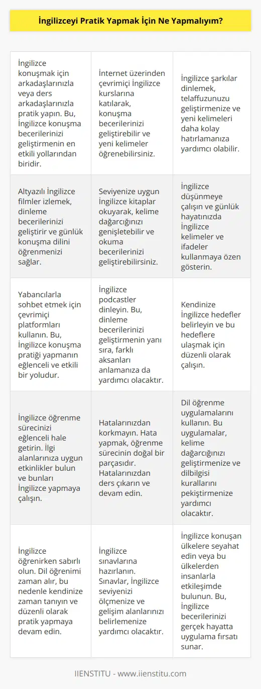 1. İngilizce konuşmaya çalışın. İngilizce konuşmanın en iyi yolu, konuşmak için çaba sarf etmektir. İngilizce konuşmak için en iyi yol, bir arkadaşınız veya bir ders arkadaşınız ile konuşmaktır.  2. İngilizce konuşmak için İnternette çevrimiçi kurslar kullanın. İnternette, İngilizce konuşmayı öğrenmek için çeşitli çevrimiçi kurslar bulabilirsiniz.  3. İngilizce müzik dinleyin. Müzik, sizi İngilizce kelime ve sözcükleri dinlemek için motive edecek ve bunları daha kolay öğrenebileceksiniz.  4. İngilizce film izleyin. İngilizce film izlemek, İngilizce kelime ve sözcükleri öğrenmenize yardımcı olacaktır.  5. İngilizce kitaplar okuyun. İngilizce kitaplar okumak, İngilizce kelime ve cümleleri öğrenmenize yardımcı olacaktır.