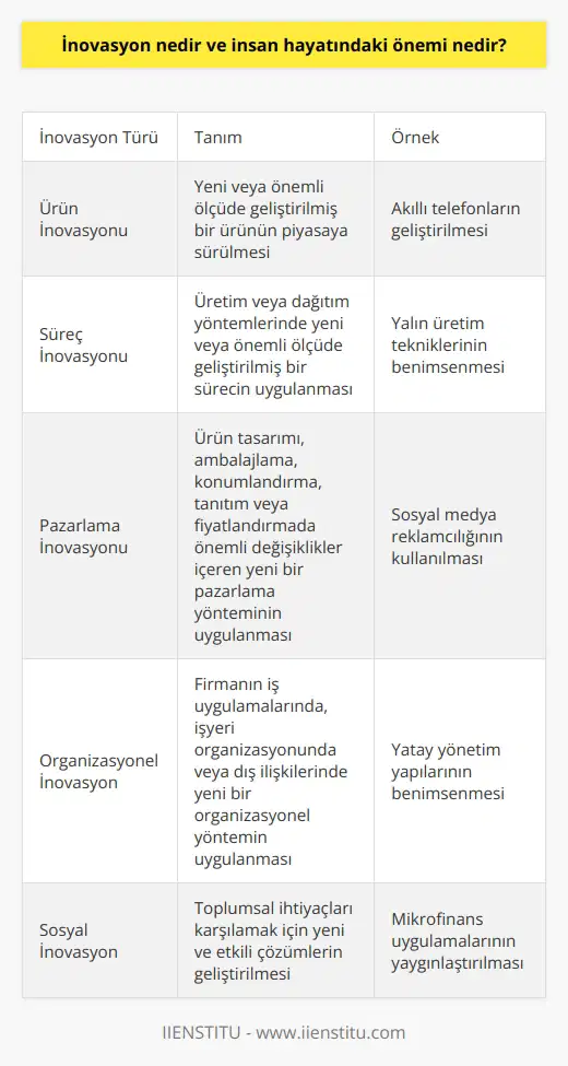 İnovasyonun Tanımı ve İnsan Hayatındaki Önemi  İnovasyon, temelde fayda sağlayıcı yaratıcı fikirlerin geliştirilip ticari olarak uygulanması anlamına gelir. İnovasyon sayesinde yeni teknolojiler, ürünler ve hizmetler ortaya çıkar. Bu süreç, insan hayatının her alanında etkili olduğu gibi ekonomik büyüme ve iş yaratma gibi önemli sonuçlar da doğurur.  Teknolojik ve Sosyal İnovasyon Çeşitleri  İnovasyon, hem teknolojik hem de sosyal anlamda önem taşır. Teknolojik inovasyon, Sanayi Devriminin başlangıcından bu yana önemli bir rol oynamaktadır. Sosyal inovasyon ise toplumların ihtiyaçlarını karşılamak için yeni ve etkili yöntemlerin geliştirilmesi anlamına gelir ve tarihsel olarak büyük siyasi devrimlerle iç içe geçmiştir.  Üretim İşlevi Yaklaşımı ve İnovasyonun Tanımı  İnovasyonun ne olduğunu tanımlamak için üretim işlevi yaklaşımı kullanılabilir. Bu yaklaşıma göre, üretim faktörleri - sermaye, emek ve hammaddeler - yeni malların üretilmesinde veya hizmetlerin sunulmasında farklı şekillerde birleşir. Bu süreçte, ekonomiler, mevcut olan ürünler ve hizmetlerin üzerine yeni ve daha etkili çözümler üreterek büyüyebilir.  Genel Amaçlı Teknolojiler ve İnovasyonun Önemi  İnovasyonun gerçek anlamı ve değeri, ekonomistlerin genel amaçlı teknolojiler (GPTler) dediği teknolojik gelişmelerle ortaya çıkar. Bu tür yenilikler, mevcut yapıları ve süreçleri daha verimli hale getirerek ekonomik büyümeyi sağlar ve insan hayatının niteliğini artırır.  İnovasyon ve İş Dünyası İçin Anlamı  İş dünyası açısından inovasyon, örgütlerin içinde bulunan kaynakları ve fırsatları en iyi şekilde değerlendirerek rekabette öne geçmelerini sağlar. Yeni ürünler ve hizmetlerin geliştirilmesi ve sunulması, ekonomik büyüme ve iş yaratma sürecini destekler ve aynı zamanda insanların yaşam kalitesini artırır.  Sonuç olarak, inovasyon, insan hayatının her alanında önem taşıyan ve toplumların gelişmesi için kritik bir süreçtir. Teknolojik ve sosyal inovasyon arasındaki denge, ekonomik büyüme, sosyal refah ve daha iyi yaşam koşullarının sağlanmasında kilit bir faktördür. Bu nedenle, inovasyonun anlaşılması ve uygulanmasına yönelik çalışmalara ve politikalara önem verilmelidir.