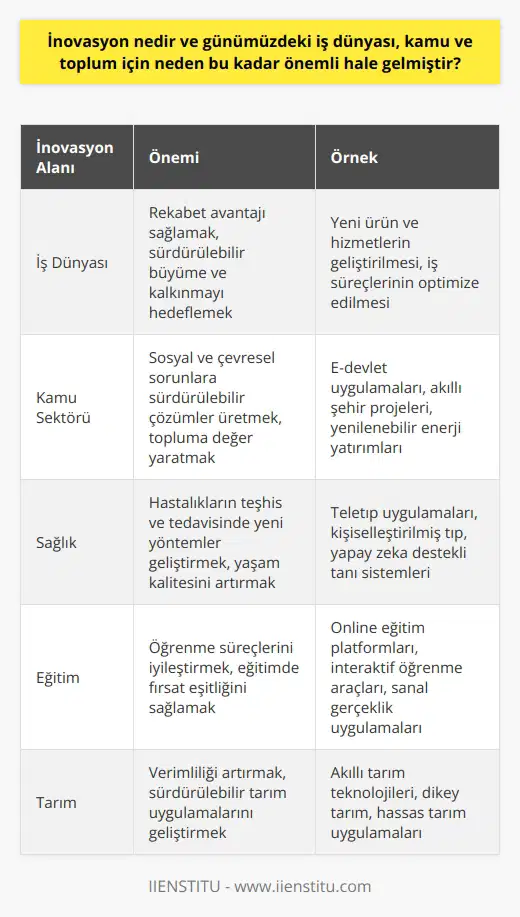 İnovasyonun Önemi ve Günümüz Toplumunda Merkezi Rolü  İnovasyon, toplumun ve ekonomik çevrenin sürekli değişen dinamiklerinden yola çıkarak iş dünyası, kamu ve toplum için yeni değerler yaratma sürecidir. İnovasyon, düşünceler, süreçler ve ürünlerle yeni uygulama alanları geliştirme eğiliminde olan doğal bir gelişim sürecidir. İş dünyası, kamu ve toplum açısından önemi ise, rekabet avantajı sağlamak, sürdürülebilir büyüme ve kalkınma hedeflerine ulaşmak ve bunun yanında sosyal problemleri çözmeye yönelik olarak yeni çözüm yolları sunmaktır.  Günümüzde İnovasyonun Öne Çıkan Nedenleri  Teknolojik gelişmeler ve globalleşme, günümüz iş dünyasının ve kamu sektörünün temel öğeleridir. Bu iki faktör, inovasyonun bu kadar önemli hale gelmesinde öncü rol oynamıştır. Teknoloji, sürekli gelişimle birlikte güncel yenilikçilik becerilerini de gerektirir. Teknoloji ve globalleşme nedeniyle, günümüz dünyasında sınırların kalktığı bir ortamda rekabet etmek için daha fazla inovasyona ihtiyaç duyulmaktadır.  İnovasyonun İş Dünyasında Yeri  İş dünyası, günümüzde hızla artan rekabet koşulları nedeniyle inovasyonu benimsemek zorundadır. İnovasyon, şirketlerin ve markaların fark yaratabilmeleri, müşterileri memnun etmeleri ve pazarda ayakta kalabilmeleri adına önemlidir. Bu süreçte, inovasyon ve sürdürülebilir büyüme hedefleri doğrultusunda geliştirilen ürünler, hizmetler ve süreçler iş dünyasında başarıya ulaşmada kritik faktörlerdir.  Kamu ve Toplum İçin İnovasyon  Kamu sektörü ve toplum, günümüzde karşı karşıya oldukları sosyal sorunlar ve çevresel meseleler karşısında çözüm üretmek adına inovasyona büyük önem vermektedir. Sosyal ve çevresel problemlere sürdürülebilir çözümler üretmeye yönelik olarak inovasyonun benimsenmesi, toplumun düşünce ve uygulama çerçevesinde dönüşüm yaşanmasına katkı sağlar. Bu bağlamda, kamu ve toplum için inovasyon sosyal fayda ve yaşam kalitesinin yükseltilmesi anlamında büyük önem taşır.  Sonuç olarak, inovasyon günümüzde iş dünyası, kamu ve toplum için büyük öneme sahiptir. Teknolojinin hızla ilerlemesi ve dünya genelinde yaşanan sosyal ve çevresel sorunlar, inovasyonun olmazsa olmaz olarak kabul edilmesine katkı sağlamaktadır. Bu bağlamda, rekabet avantajı sağlamak, sürdürülebilir büyüme ve kalkınmayı hedeflemek ve topluma değer yaratmak adına inovasyon sürekli gelişmekte olan bir süreç olarak benimsenmelidir.