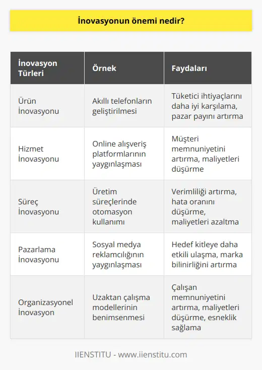 İnovasyon, bir ürünün, hizmetin veya sürecin daha iyi hale getirilmesi veya yenilenmesi anlamına gelir. İnovasyon, gelişmiş teknolojilerin, yeniliklerin veya yeni fikirlerin ortaya çıkmasıyla meydana gelir. İnovasyon, özellikle girişimcilik ve ticaret alanlarındaki değişimleri hızlandırır. İnovasyon, şirketlerin rekabet gücünü arttırarak, ürünleri ve hizmetleri kullanıcıların istediği şekilde geliştirmelerine olanak sağlar. İnovasyon, başarılı ürünler ve hizmetlerin üretilmesine yardımcı olur ve ekonomiyi güçlendirir. Ayrıca, toplumsal ve ekolojik yararlar da sağlamaktadır.