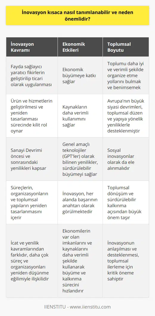 İnovasyonun Tanımlanması ve Önemi İnovasyon, temelinde, fayda sağlayıcı yaratıcı fikirlerin geliştirilip ticari olarak uygulanmasıdır. İnovasyonun uygulama alanı oldukça geniş olup, teknolojik gelişmeler ve toplumun ihtiyaçları doğrultusunda sürekli olarak evrimleşir. İnovasyon, ürün ve hizmetlerin geliştirilmesi ve yeniden tasarlanması sürecinde kilit bir rol oynar (Solow 1956). Sanayi Devriminden öncesi ve sonrasındaki yenilikler de dahil olmak üzere, tüm ekonomik döngülerde bu inovatif süreçler mevcuttur. İnovasyon, Teknoloji ve Ekonomik Büyüme İnovasyonun tanımı ve kavramsal çerçevesine dair çeşitli yaklaşımlar olsa da, genel kabul gören temel nokta, bu sürecin ekonomik büyümeye katkısıdır. İnovasyon sayesinde, ekonomiler var olan imkanlarını ve kaynaklarını daha verimli şekilde kullanarak büyüme ve kalkınma sürecini hızlandırabilirler. Genel amaçlı teknolojiler (GPTler) olarak bilinen bu tür yenilikler, mevcut durumu iyileştirmek ve sürdürülebilir büyümeyi sağlamak adına ortaya çıkan yeni teknolojilerdir (Romer 1990). İnovasyonun Toplumsal Boyutu İnovasyon sadece teknolojik açıdan değil, sosyal inovasyonlar olarak da ele alınmalıdır. Avrupanın büyük siyasi devrimleri, toplumsal düzen ve yapıya yönelik yeniliklerle de desteklenmiştir. Bu bağlamda, inovasyon; toplumu daha iyi ve verimli şekilde organize etme yollarını bulmak ve benimsemek olarak tanımlanabilecektir. İnovasyon, İcat ve Yenilik İnovasyon ile icat ve yenilik kavramları genellikle birbiriyle karıştırılır ve birbirinin yerine kullanılır (Zucker 1987; Rosenberg & Nelson 1992; Rothaermel 2006). Ancak önemli bir ayrım yapmak gerekirse, inovasyon daha çok süreç ve organizasyonları yeniden düşünme eğilimiyle ilişkilidir. İcat ve yenilik ise ortaya çıkan yeni ürün ve hizmetlerin doğrudan değerlendirilmesi üzerine odaklanır. Sonuç olarak, inovasyon kavramı; süreçlerin, organizasyonların ve toplumsal yapıların yeniden tasarlanması, yeni ve yaratıcı fikirlerin geliştirilerek ticari olarak uygulanması anlamlarına gelir. İnovasyon, ekonomik büyüme, toplumsal dönüşüm ve sürdürülebilir kalkınma açısından büyük önem taşır. Bu sebeple, inovasyonun anlaşılması ve desteklenmesi, her alanda başarının anahtarı olarak görülmektedir.