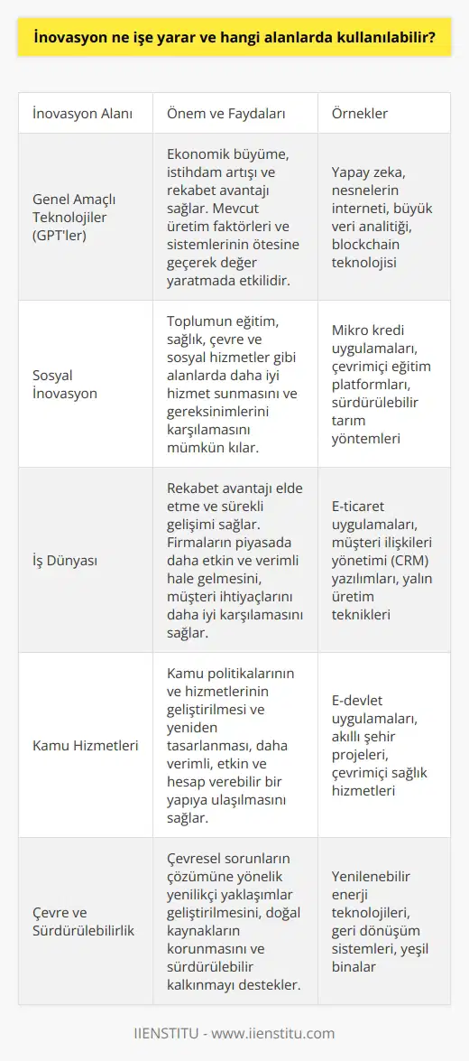 İnovasyonun Önemi ve Kullanım Alanları  İnovasyon, toplumun ve iş dünyasının süreçlerini, ürünleri ve organizasyonel yapıları geliştiren yenilikçi fikirler ve çözümler olarak ifade edilebilir. İnovasyon sayesinde daha iyi mal ve hizmetler üretilerek ekonomik büyüme ve istihdam artışı sağlanır. İnovasyon özellikle teknoloji çağıyla birlikte bireyden topluma kadar her alanda önem kazanmıştır ve farklı sektörlerde kullanılabilir.  Genel Amaçlı Teknolojiler ve İnovasyon  İnovasyonun ekonomide gerçek değeri yaratma gücü, genel amaçlı teknolojiler (GPTler) ile sağlanır. GPTler, mevcut üretim faktörleri ve sistemlerinin ötesine geçerek değer yaratmada etkili olan ve mevcut süreçlerde köklü değişimlere yol açan teknolojilere denir. Bu yenilikler, ekonomik büyüme, istihdam ve rekabet avantajı sağlar.  Sosyal İnovasyon ve Toplumsal Gelişim  İnovasyonun kullanım alanlarından biri de sosyal inovasyondur. Bu kapsamda, sosyal problemlerin çözümüne yönelik yeni fikirler, yöntemler ve iş modelleri geliştirilir. Sosyal inovasyon, toplumun eğitim, sağlık, çevre ve sosyal hizmetler gibi alanlarda daha iyi hizmet sunmasını ve gereksinimlerini karşılamasını mümkün kılar.  İnovasyon ve İş Dünyası  İş dünyasında inovasyon, rekabet avantajı elde etme ve sürekli gelişimi sağlama amacıyla önemli bir rol oynar. Özellikle ürün, hizmet ve süreçlerin gelişimine odaklanan inovasyon faaliyetleri, firmaların piyasada daha etkin ve verimli hale gelmesini, müşteri ihtiyaçlarını daha iyi karşılamasını ve önemli ekonomik faydalar elde etmesini sağlar.  İnovasyon ve Kamu Hizmetleri  İnovasyonun kamu sektöründeki kullanım alanları, kamu hizmetlerinin ve süreçlerinin iyileştirilmesi ve vatandaşların yaşam kalitesinin artırılmasıdır. Kamu politikalarının ve hizmetlerinin geliştirilmesi ve yeniden tasarlanması, kamu hizmetlerinde daha verimli, etkin ve hesap verebilir bir yapıya ulaşılması için önemlidir.  Sonuç olarak, inovasyonun iş dünyası, kamu hizmetleri ve toplumda kullanılabilirliği ve değeri oldukça büyük öneme sahiptir. İnovasyon, ekonomik büyüme, istihdam artışı ve toplumsal gelişim sağlamak adına sürekli yeniliği ve gelişimi hedeflemelidir.