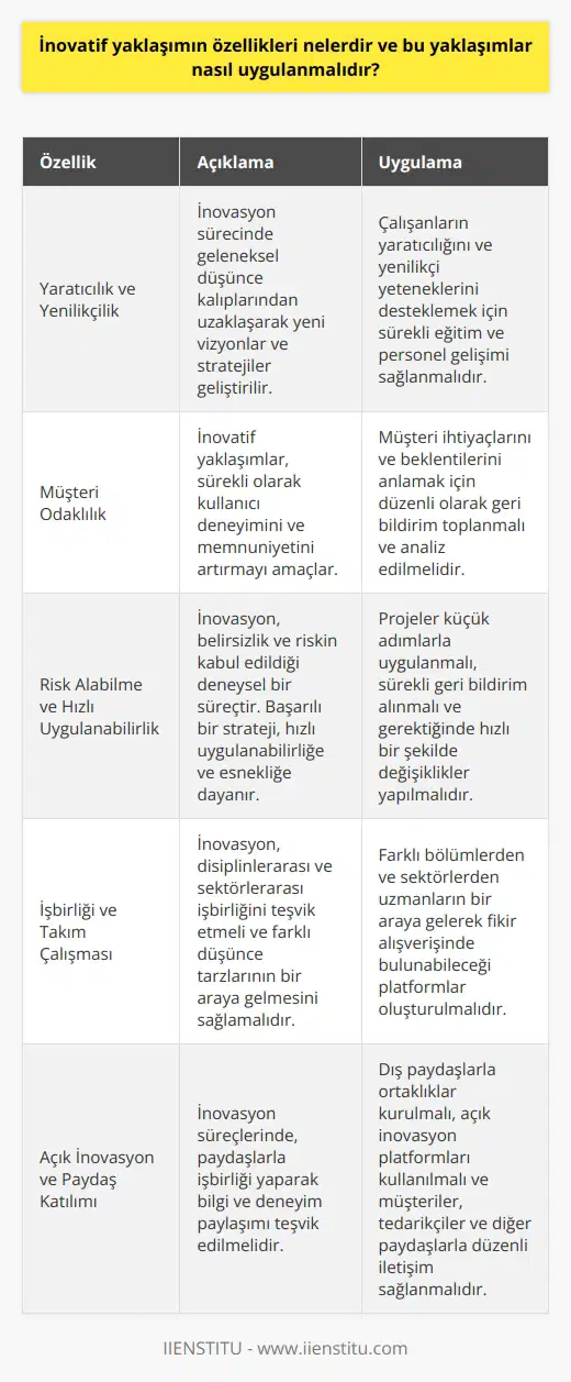 İnovatif Yaklaşımın Özellikleri İnovatif yaklaşım, gerçek yaşamın mevcut yapılarıyla sınırlı kalmayan, sürekli olarak yeni ve yaratıcı fikirlerin üretildiği bir süreçtir. İnovasyon, problem çözme ve yeni fırsatları değerlendirme yeteneğini kullanarak mevcut durumu ve geleceği şekillendirir. Özünde, inovatif yaklaşımın özellikleri şunlardır: Yaratıcılık ve Yenilikçilik: İnovasyonda temel unsur, sürekli gelişim ve başarı sağlamak için yenilikçi ve yaratıcı düşünme yeteneğidir. İnovasyon sürecinde, geleneksel düşünce kalıplarından uzaklaşarak yeni vizyonlar ve stratejiler geliştirirse, rekabet avantajı elde edilir. : İnovasyon sürecinde, her zaman müşteri ihtiyaçlarını ve beklentilerini göz önünde bulunduran çözümler sunmak esastır. İnovatif yaklaşımlar, sürekli olarak kullanıcı deneyimini ve tatminini artırmayı amaçlar. Risk Alabilme ve Hızlı Uygulanabilirlik: İnovatif yaklaşımlar, belirsizlik ve riskin kabul edildiği deneysel süreçlerdir. Başarılı bir inovasyon stratejisi, hızlı uygulanabilirliğe ve esneklikle müdahale etmeye dayanmaktadır. İnovatif Yaklaşımların Uygulanması Etkili bir inovasyon stratejisinin uygulanması için takip edilmesi gereken bazı önemli adımlar vardır: Çalışanların Yetkinliklerini Geliştirme: İnovasyon sürecinde çalışanların yaratıcılığını ve yeteneklerini desteklemek önemlidir. Sürekli eğitim ve personel gelişimi, inovatif düşünce ve becerilerin artması için gereklidir. İşbirliği ve Takım Çalışması: İnovasyon, disiplinlerarası ve sektörlerarası işbirliği ve takım çalışmasını teşvik etmeli ve farklı düşünce tarzlarının bir araya gelmesini sağlamalıdır. Açık İnovasyon ve Paydaş Katılımı: İnovasyon süreçlerinde, paydaşlarla işbirliği yaparak bilgi ve deneyim paylaşımı teşvik edilmelidir. Açık inovasyon anlayışı, farklı disiplinlerin ve sektörlerin işbirliği ile daha hızlı ve etkili çözümler elde etmeye olanak tanır. Sürekli İyileştirme ve Değerlendirme: İnovasyon süreçlerinin sürekli olarak gözden geçirilmesi ve yeniden değerlendirilmesi, etkinliğin artırılması ve başarıların sürdürülmesi için gereklidir. İnovasyon faaliyetlerinin sonuçları, hedeflerle ve performans göstergeleriyle düzenli olarak karşılaştırılarak potansiyel iyileştirmeler tespit edilmeli ve uygulanmalıdır.