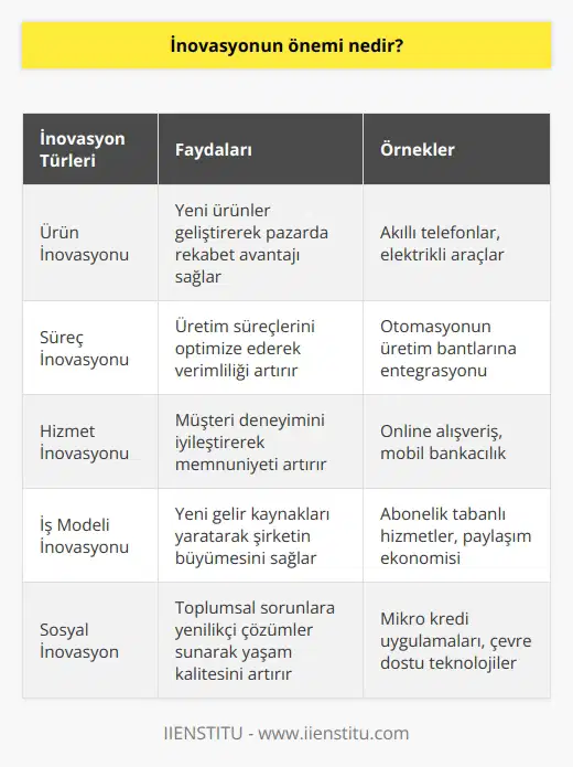 İnovasyon, bir şirketin ürün veya hizmetlerinin sürekli olarak geliştirilmesini sağlamak için yeni fikirlerin geliştirilmesi ve uygulanması olarak tanımlanır. İnovasyon, bir şirkete rekabet avantajı sağlamak ve ölçeklenebilirlik için önemlidir. İnovasyon, iş gücü, ekonomik çıktı ve üretkenlik için işletmelerin zorunlu olduğu günümüzde bir zorunluluk haline gelmiştir. İnovasyon, şirketlerin yeni ürün ve hizmetleri hızlı bir şekilde pazara sunma yeteneğini arttırır. Bu sayede, şirketler pazar payını ve kârlılığını arttırma fırsatına sahip olabilir. Ayrıca, şirketlere rekabet üstünlüğü sağlar ve yeni fikirlerin keşfedilmesine olanak tanır.