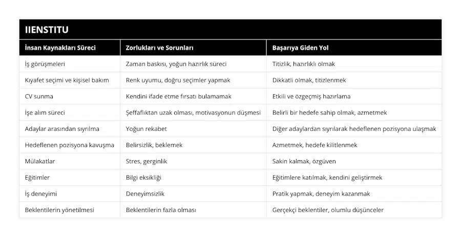 İş görüşmeleri, Zaman baskısı, yoğun hazırlık süreci, Titizlik, hazırlıklı olmak, Kıyafet seçimi ve kişisel bakım, Renk uyumu, doğru seçimler yapmak, Dikkatli olmak, titizlenmek, CV sunma, Kendini ifade etme fırsatı bulamamak, Etkili ve özgeçmiş hazırlama, İşe alım süreci, Şeffaflıktan uzak olması, motivasyonun düşmesi, Belirli bir hedefe sahip olmak, azmetmek, Adaylar arasından sıyrılma, Yoğun rekabet, Diğer adaylardan sıyrılarak hedeflenen pozisyona ulaşmak, Hedeflenen pozisyona kavuşma, Belirsizlik, beklemek, Azmetmek, hedefe kilitlenmek, Mülakatlar, Stres, gerginlik, Sakin kalmak, özgüven, Eğitimler, Bilgi eksikliği, Eğitimlere katılmak, kendini geliştirmek, İş deneyimi, Deneyimsizlik, Pratik yapmak, deneyim kazanmak, Beklentilerin yönetilmesi, Beklentilerin fazla olması, Gerçekçi beklentiler, olumlu düşünceler