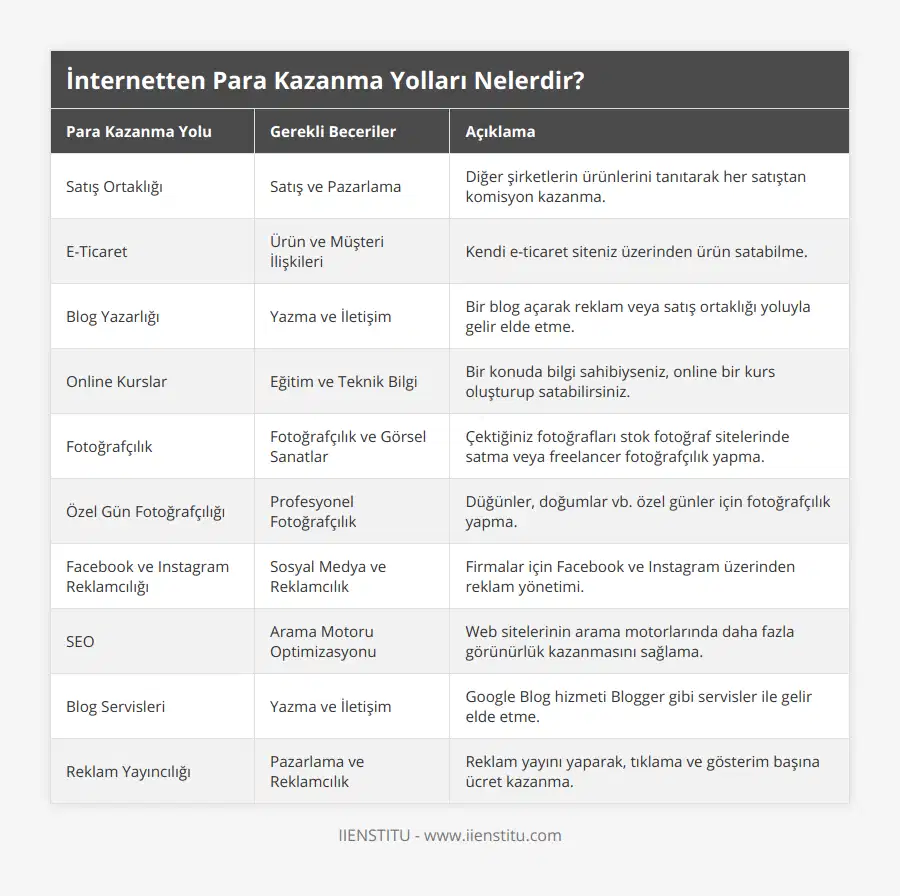 Satış Ortaklığı, Satış ve Pazarlama, Diğer şirketlerin ürünlerini tanıtarak her satıştan komisyon kazanma, E-Ticaret, Ürün ve Müşteri İlişkileri, Kendi e-ticaret siteniz üzerinden ürün satabilme, Blog Yazarlığı, Yazma ve İletişim, Bir blog açarak reklam veya satış ortaklığı yoluyla gelir elde etme, Online Kurslar, Eğitim ve Teknik Bilgi, Bir konuda bilgi sahibiyseniz, online bir kurs oluşturup satabilirsiniz, Fotoğrafçılık, Fotoğrafçılık ve Görsel Sanatlar, Çektiğiniz fotoğrafları stok fotoğraf sitelerinde satma veya freelancer fotoğrafçılık yapma, Özel Gün Fotoğrafçılığı, Profesyonel Fotoğrafçılık, Düğünler, doğumlar vb özel günler için fotoğrafçılık yapma, Facebook ve Instagram Reklamcılığı, Sosyal Medya ve Reklamcılık, Firmalar için Facebook ve Instagram üzerinden reklam yönetimi, SEO, Arama Motoru Optimizasyonu, Web sitelerinin arama motorlarında daha fazla görünürlük kazanmasını sağlama, Blog Servisleri, Yazma ve İletişim, Google Blog hizmeti Blogger gibi servisler ile gelir elde etme, Reklam Yayıncılığı, Pazarlama ve Reklamcılık, Reklam yayını yaparak, tıklama ve gösterim başına ücret kazanma