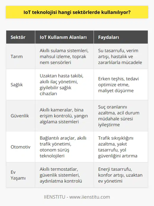 IoT teknolojisi, evcil hayvanların sağlık kontrolünden, trafik yönetimine kadar çeşitli sektörlerde kullanılıyor. En popüler sektörler arasında tarım, sağlık, güvenlik, otomotiv, enerji, ev aletleri, finansal hizmetler, ev yaşamı ve iletişim bulunmaktadır.