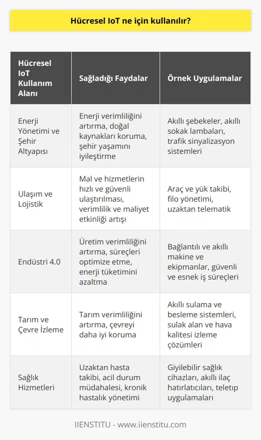 Hücresel IoT Kullanım Alanları  Hücresel IoT (Nesnelerin İnterneti), son yıllarda popüler olan ve yeni nesil iletişim olanakları sunan bir teknolojidir. Nesnelerin interneti kavramının özünde, fiziksel objelerin birbirleriyle ya da daha fazla sistemlerin bir arada bağlantılı şekilde olduğu iletişim ağları bulunmaktadır. Hücresel IoT, bu ağların mobil haberleşme teknolojileri ile daha da genişlemesine ve güçlenmesine olanak sağlar. Peki, hücresel IoT ne için kullanılır?  Enerji Yönetimi ve Şehir Altyapısı  Hücresel IoT, enerji yönetimi ve şehir altyapısında önemli işlevlere sahiptir. Akıllı şebekeler, enerji tüketimini ve dağıtımını optimize etmeye yardımcı olan hücresel IoT tabanlı sistemler sayesinde, enerji verimliliği artırılmakta ve doğal kaynaklar korunmaktadır. Ayrıca, hücresel IoT ile donatılmış akıllı sokak lambaları ve trafik sinyalizasyon sistemleri, şehir yaşamını daha verimli ve sürdürülebilir hale getirir.  Ulaşım ve Lojistik  Taşımacılık ve   nde hücresel IoT, araç ve yük takibi, filo yönetimi, uzaktan telematik ve benzeri alanlarda kullanılmaktadır. Bu teknoloji, mal ve hizmetlerin daha hızlı ve güvenli şekilde ulaştırılmasına olanak sağlayarak lojistik süreçlerinin verimliliğini ve maliyet etkinliğini artırır.      Endüstride hücresel IoT, makine ve üretim ekipmanlarının bağlantılı ve akıllı hale getirilmesi yoluyla önemli avantajlar sağlar. Bu bağlantılar sayesinde, fabrikaların çalışma verimliliği artırılır, üretim süreçleri optimize edilir ve enerji tüketimi azaltılır. Hücresel IoT, endüstrideki iş süreçlerinin daha güvenli ve esnek hale gelmesine yardımcı olur.  Tarım ve Çevre İzleme  Hücresel IoT teknolojisi, tarımsal ve çevresel uygulamalarda önemli bir rol oynamaktadır. Akıllı sulama ve besleme sistemleri, tarım verimliliğini artırırken, sulak alan ve hava kalitesi izleme çözümleri çevrenin daha iyi korunmasına katkıda bulunur.  Sonuç olarak, hücresel IoT teknolojisi, enerji yönetimi, şehir altyapısı, ulaşım, lojistik, , tarım ve çevre izleme gibi geniş kullanım alanlarına sahiptir. Bu teknolojinin benimsenmesi ve geliştirilmesiyle, sürdürülebilir ve verimli çözümler üretilebilmesi mümkündür.