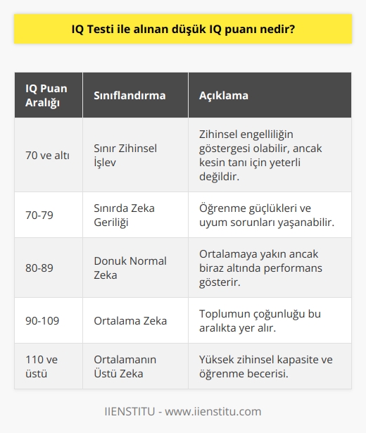 Test türüne bağlı olarak, düşük IQyu belirtmek için 70 veya daha düşük bir puan kullanılır. IQ puanları zihinsel engelliliği belirlemek için yeterli değildir. Dikkate alınması gereken Flynn Etkisi de var. Bu, nesiller boyunca bir IQ kazancı anlamına gelir.