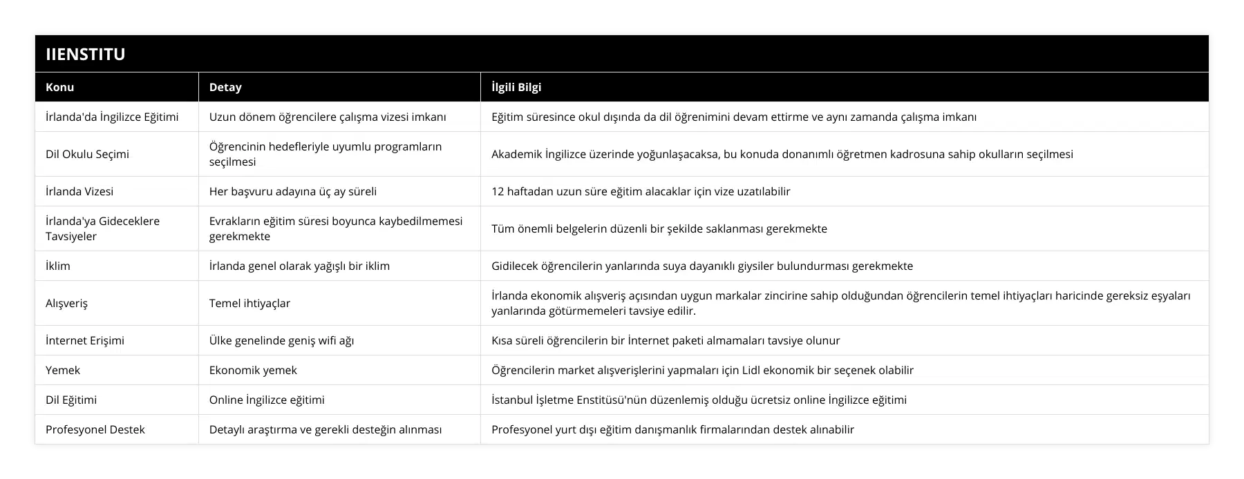 İrlanda'da İngilizce Eğitimi, Uzun dönem öğrencilere çalışma vizesi imkanı, Eğitim süresince okul dışında da dil öğrenimini devam ettirme ve aynı zamanda çalışma imkanı, Dil Okulu Seçimi, Öğrencinin hedefleriyle uyumlu programların seçilmesi, Akademik İngilizce üzerinde yoğunlaşacaksa, bu konuda donanımlı öğretmen kadrosuna sahip okulların seçilmesi, İrlanda Vizesi, Her başvuru adayına üç ay süreli, 12 haftadan uzun süre eğitim alacaklar için vize uzatılabilir, İrlanda'ya Gideceklere Tavsiyeler, Evrakların eğitim süresi boyunca kaybedilmemesi gerekmekte, Tüm önemli belgelerin düzenli bir şekilde saklanması gerekmekte, İklim, İrlanda genel olarak yağışlı bir iklim, Gidilecek öğrencilerin yanlarında suya dayanıklı giysiler bulundurması gerekmekte, Alışveriş, Temel ihtiyaçlar, İrlanda ekonomik alışveriş açısından uygun markalar zincirine sahip olduğundan öğrencilerin temel ihtiyaçları haricinde gereksiz eşyaları yanlarında götürmemeleri tavsiye edilir, İnternet Erişimi, Ülke genelinde geniş wifi ağı, Kısa süreli öğrencilerin bir İnternet paketi almamaları tavsiye olunur, Yemek, Ekonomik yemek, Öğrencilerin market alışverişlerini yapmaları için Lidl ekonomik bir seçenek olabilir, Dil Eğitimi, Online İngilizce eğitimi, İstanbul İşletme Enstitüsü'nün düzenlemiş olduğu ücretsiz online İngilizce eğitimi, Profesyonel Destek, Detaylı araştırma ve gerekli desteğin alınması, Profesyonel yurt dışı eğitim danışmanlık firmalarından destek alınabilir