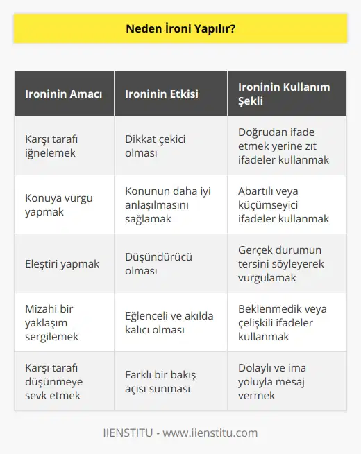 İroni oldukça etkili bir söz sanatıdır.  İroni yaparken temel amaç iğnelemedir ve karşı tarafın dikkatini konuya çekmek amaçlanır. Bir konuyu, durumu doğrudan aktarmak yerine tam tersi bir ifadeyle vurgulamak, konuya daha fazla dikkat çekerek anlaşılmasını sağlar.
