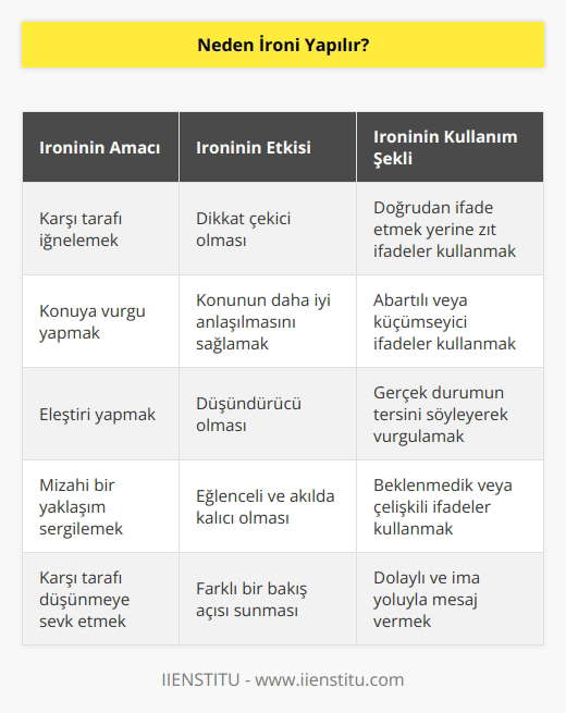 İroni oldukça etkili bir söz sanatıdır. İroni yaparken temel amaç iğnelemedir ve karşı tarafın dikkatini konuya çekmek amaçlanır. Bir konuyu, durumu doğrudan aktarmak yerine tam tersi bir ifadeyle vurgulamak, konuya daha fazla dikkat çekerek anlaşılmasını sağlar.