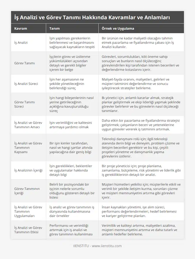 İş Analizi, İşin yapılması gerekenlerin belirlenmesi ve başarılmasını sağlayacak kaynakların tespiti, Bir ürünün ne kadar maliyetli olacağını tahmin etmek pazarlama ve fiyatlandırma çabası için İş Analizi kullanılır, Görev Tanımı, İşçilerin görev ve üstlenme yükümlülükleri açısından detaylı ve gerekli bilgiler içeren bir belge, Görevleri, sorumlulukları, kilit öneme sahip sonuçları ve bunların nasıl ölçüleceğini; görevlendirilen kişi tarafından istenen becerileri ve değerlendirme kıstaslarını içerir, İş Analizi Süreci, İşin her aşamasının ne şekilde yönetileceğinin belirlendiği süreç, Maliyet-fayda oranını, maliyetleri, gelirleri ve müşteri tatminini değerlendirme ve sonucu iyileştirecek stratejiler belirleme, Görev Tanımı Süreci, İşin hangi bileşenlerinin nasıl yerine getirileceğinin açıklığına kavuşturulduğu süreç, Bı yönetici için, anlamlı kararlar almak, stratejik planlar geliştirmek ve ekip liderliği yapmak şeklinde görevler belirlenir ve bu görevlerin nasıl ölçüleceği tanımlanır, İş Analizi ve Görev Tanımının Amacı, İşin verimliliğini ve kalitesini artırmaya yardımcı olmak, Daha etkin bir pazarlama ve fiyatlandırma stratejisi geliştirmek; çalışanların beceri ve yeteneklerine uygun görevler vererek iş tatminini artırmak, İş Analizi ve Görev Tanımının Kapsamı, Bir işin kimler tarafından, nasıl ve hangi şartlar altında yapılacağına dair geniş bilgi, Teknoloji danışmanı rolü için; ilgili teknoloji alanında derin bilgi ve deneyim, problem çözme ve iletişim becerileri gerektirir ve bu kişi, çeşitli projeleri yönetme ve danışmanlık yapma görevlerini üstlenir, İş Analizinin İçeriği, İşin gereklilikleri, beklentiler ve uygulamalar hakkında detaylı bilgi, Bir proje yöneticisi için; proje planlama, zamanlama, bütçeleme, risk yönetimi ve liderlik gibi iş gerekliliklerinin detaylı bir analizi, Görev Tanımının İçeriği, Belirli bir pozisyondaki bir işçinin nelerle sorumlu olduğunu gösteren detaylı bir listesi, Müşteri hizmetleri yetkilisi için; müşterilerle etkili ve verimli bir şekilde iletişim kurma, sorunları çözme ve müşteri memnuniyetini artırma gibi görevleri içerir, İş Analizi ve Görev Tanımının Uygulamaları, İş analiz ve görev tanımının iş dünyasında kullanılmasına dair örnekler, İnsan kaynakları yönetimi, işe alım süreci, performans değerlendirmeleri, hedef belirlemesi ve kariyer geliştirme planları, İş Analizi ve Görev Tanımının Etkisi, Performansı ve verimliliği artırmak için iş analizi ve görev tanımının kullanılması, Verimlilik ve kaliteyi artırma, maliyetleri azaltma, müşteri memnuniyetini artırma ve daha tutarlı ve anlamlı hedefler belirleme
