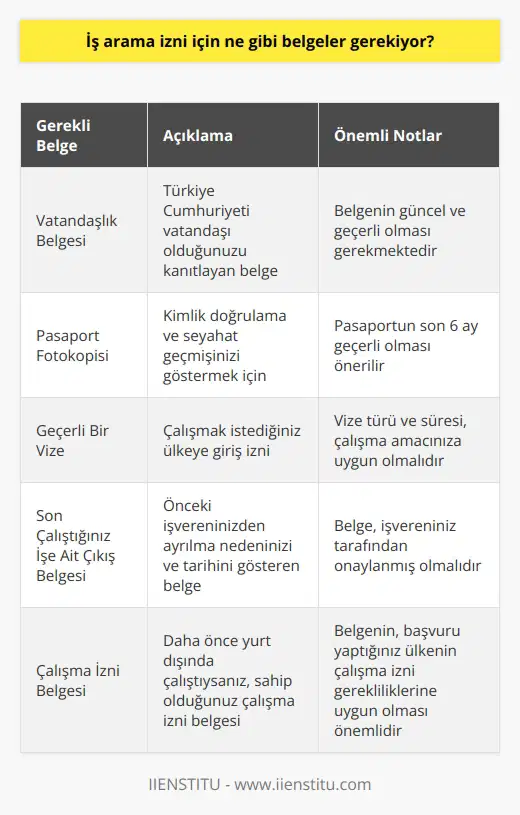 İş arama izni için genellikle, vatandaşlık belgesi, pasaport fotokopisi, geçerli bir vize, son çalıştığınız işe ait çıkış belgesi veya çalışma izni belgesi gerekmektedir.