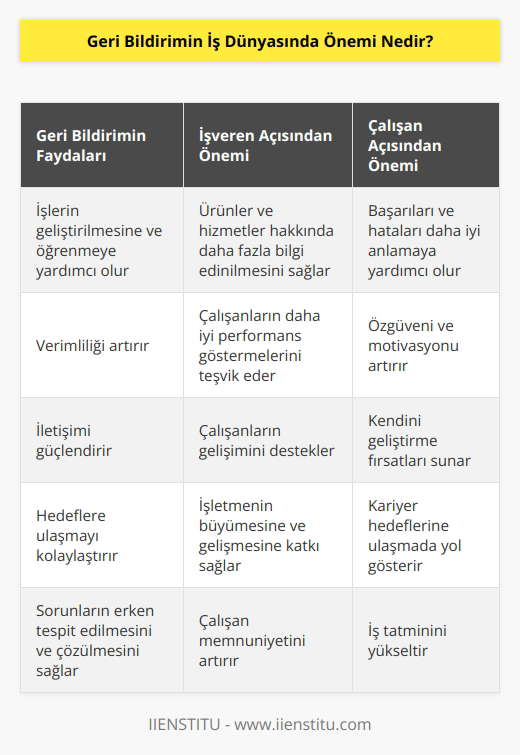 Geri bildirim, iş dünyasında çok önemlidir çünkü insanların işlerini geliştirmelerine ve öğrenmelerine yardımcı olur. Geri bildirim, işgörenlerin ve işverenlerin, başarılarını ve hatalarını daha iyi anlamalarına yardımcı olur. Ayrıca, işletmelerin ürünleri ve hizmetleri hakkında daha fazla şey öğrenmelerine yardımcı olur. Geri bildirim, çalışanların ve işletme sahiplerinin çalışmalarını daha verimli hale getirmelerine yardımcı olur ve işletme sahipleri, çalışanlarının özgüvenini artırır ve motivasyonunu arttırır. Geri bildirim sayesinde, işletmeler çalışanlarının daha iyi performans göstermelerini ve çalışanların daha verimli çalışmalarını sağlayabilir.