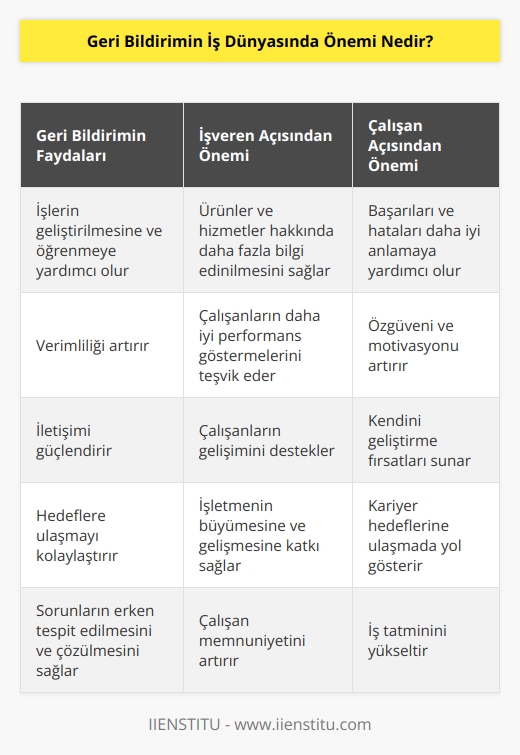 Geri bildirim, iş dünyasında çok önemlidir çünkü insanların işlerini geliştirmelerine ve öğrenmelerine yardımcı olur. Geri bildirim, işgörenlerin ve işverenlerin, başarılarını ve hatalarını daha iyi anlamalarına yardımcı olur. Ayrıca, işletmelerin ürünleri ve hizmetleri hakkında daha fazla şey öğrenmelerine yardımcı olur. Geri bildirim, çalışanların ve işletme sahiplerinin çalışmalarını daha verimli hale getirmelerine yardımcı olur ve işletme sahipleri, çalışanlarının özgüvenini artırır ve motivasyonunu arttırır. Geri bildirim sayesinde, işletmeler çalışanlarının daha iyi performans göstermelerini ve çalışanların daha verimli çalışmalarını sağlayabilir.