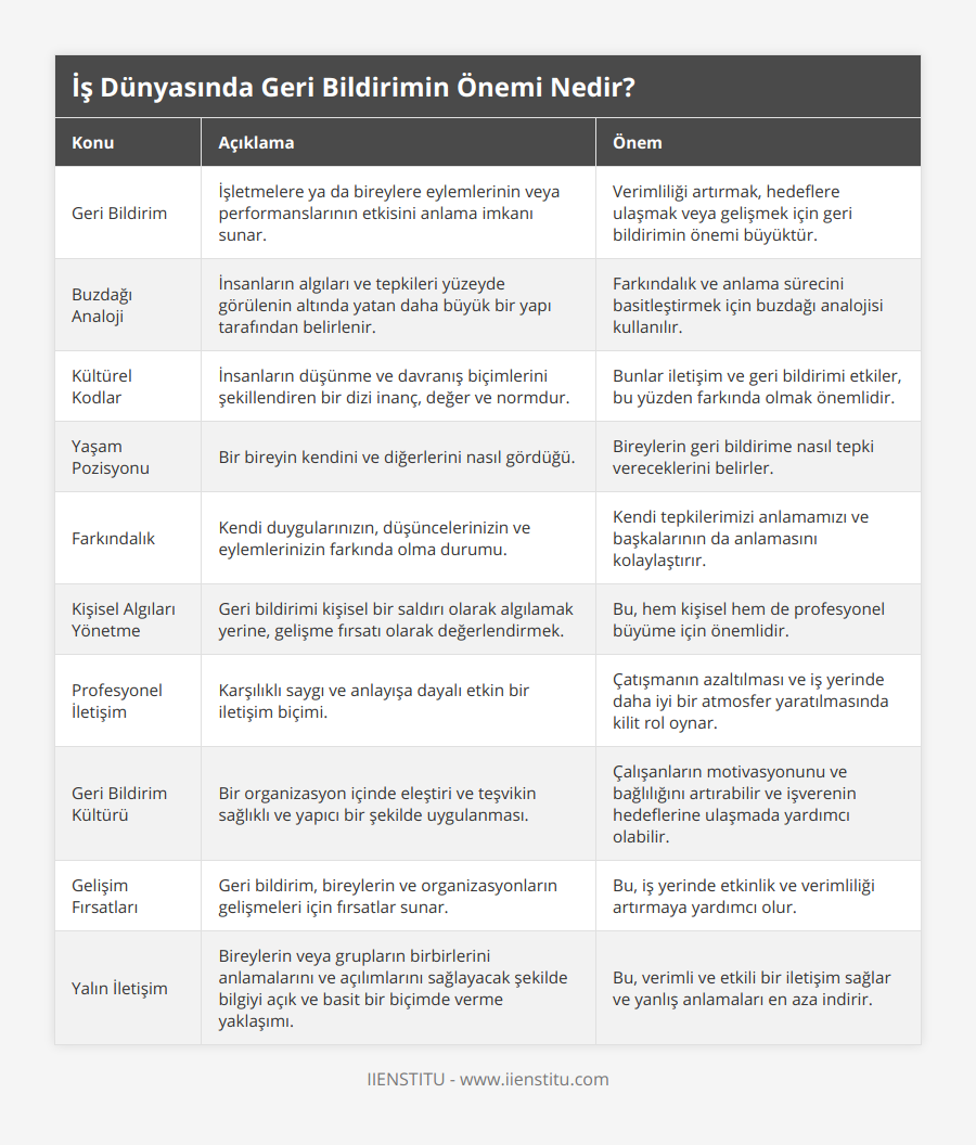 Geri Bildirim, İşletmelere ya da bireylere eylemlerinin veya performanslarının etkisini anlama imkanı sunar, Verimliliği artırmak, hedeflere ulaşmak veya gelişmek için geri bildirimin önemi büyüktür, Buzdağı Analoji, İnsanların algıları ve tepkileri yüzeyde görülenin altında yatan daha büyük bir yapı tarafından belirlenir, Farkındalık ve anlama sürecini basitleştirmek için buzdağı analojisi kullanılır, Kültürel Kodlar, İnsanların düşünme ve davranış biçimlerini şekillendiren bir dizi inanç, değer ve normdur, Bunlar iletişim ve geri bildirimi etkiler, bu yüzden farkında olmak önemlidir, Yaşam Pozisyonu, Bir bireyin kendini ve diğerlerini nasıl gördüğü, Bireylerin geri bildirime nasıl tepki vereceklerini belirler, Farkındalık, Kendi duygularınızın, düşüncelerinizin ve eylemlerinizin farkında olma durumu, Kendi tepkilerimizi anlamamızı ve başkalarının da anlamasını kolaylaştırır, Kişisel Algıları Yönetme, Geri bildirimi kişisel bir saldırı olarak algılamak yerine, gelişme fırsatı olarak değerlendirmek, Bu, hem kişisel hem de profesyonel büyüme için önemlidir, Profesyonel İletişim, Karşılıklı saygı ve anlayışa dayalı etkin bir iletişim biçimi, Çatışmanın azaltılması ve iş yerinde daha iyi bir atmosfer yaratılmasında kilit rol oynar, Geri Bildirim Kültürü, Bir organizasyon içinde eleştiri ve teşvikin sağlıklı ve yapıcı bir şekilde uygulanması, Çalışanların motivasyonunu ve bağlılığını artırabilir ve işverenin hedeflerine ulaşmada yardımcı olabilir, Gelişim Fırsatları, Geri bildirim, bireylerin ve organizasyonların gelişmeleri için fırsatlar sunar, Bu, iş yerinde etkinlik ve verimliliği artırmaya yardımcı olur, Yalın İletişim, Bireylerin veya grupların birbirlerini anlamalarını ve açılımlarını sağlayacak şekilde bilgiyi açık ve basit bir biçimde verme yaklaşımı, Bu, verimli ve etkili bir iletişim sağlar ve yanlış anlamaları en aza indirir