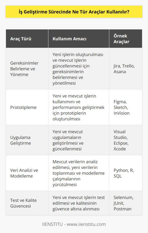 İş geliştirme sürecinde farklı araçlar kullanılabilir. Bunlar arasında şunlar bulunur:  - Gereksinimler Belirleme ve Yönetme: İş geliştirme sürecinde yeni işlerin oluşturulmasını ve mevcut işlerin güncellenmesini sağlayan gereksinimlerin belirlenmesi ve yönetilmesini sağlayan araçlar. - Prototipleme: İş geliştirme sürecinde, yeni ve mevcut işlerin kullanımını ve performansını geliştirmek için yapılan prototipleri oluşturmak için kullanılan araçlar. - Uygulama Geliştirme: İş geliştirme sürecinde, yeni ve mevcut uygulamaların geliştirilmesini ve güncellenmesini sağlayan araçlar. - Veri Analizi ve Modelleme: İş geliştirme sürecinde, mevcut verilerin analiz edilmesi, yeni verilerin toplanması ve modelleme çalışmalarının yürütülmesini sağlayan araçlar. - Test ve Kalite Güvencesi: İş geliştirme sürecinde, yeni ve mevcut işlerin test edilmesi ve kalitesinin güvence altına alınmasını sağlayan araçlar. - Yönetim ve İzleme: İş geliştirme sürecinde, işlerin yönetilmesi ve izlenmesini sağlayan araçlar.