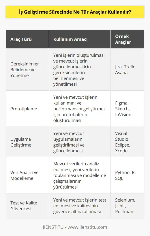 İş geliştirme sürecinde farklı araçlar kullanılabilir. Bunlar arasında şunlar bulunur: - Gereksinimler Belirleme ve Yönetme: İş geliştirme sürecinde yeni işlerin oluşturulmasını ve mevcut işlerin güncellenmesini sağlayan gereksinimlerin belirlenmesi ve yönetilmesini sağlayan araçlar. - Prototipleme: İş geliştirme sürecinde, yeni ve mevcut işlerin kullanımını ve performansını geliştirmek için yapılan prototipleri oluşturmak için kullanılan araçlar. - Uygulama Geliştirme: İş geliştirme sürecinde, yeni ve mevcut uygulamaların geliştirilmesini ve güncellenmesini sağlayan araçlar. - Veri Analizi ve Modelleme: İş geliştirme sürecinde, mevcut verilerin analiz edilmesi, yeni verilerin toplanması ve modelleme çalışmalarının yürütülmesini sağlayan araçlar. - Test ve Kalite Güvencesi: İş geliştirme sürecinde, yeni ve mevcut işlerin test edilmesi ve kalitesinin güvence altına alınmasını sağlayan araçlar. - Yönetim ve İzleme: İş geliştirme sürecinde, işlerin yönetilmesi ve izlenmesini sağlayan araçlar.