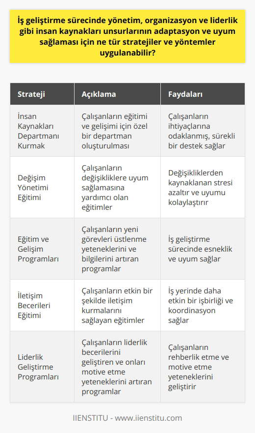 İş geliştirme sürecinde yönetim, organizasyon ve liderlik gibi insan kaynakları unsurlarının adaptasyon ve uyum sağlaması için bir dizi strateji ve yöntemler uygulanabilir. Bu stratejilerin belirlemesi ve uygulanabilmesi için human resources departmanları kurulmalıdır. Bu departman sürekli olarak çalışanların eğitimine ve gelişimine öncelik vermeli ve desteklemelidir. Değişim yönetimi, eğitim ve gelişim, iletişim becerileri ve gibi çeşitli programlar yürütülebilir. Eğitim ve gelişim, çalışanların yeni görevleri üstlenme yeteneklerini ve bilgilerini artırmalarını sağlar. Bu, iş geliştirme sürecinde esneklik ve uyum sağlamalarına yardımcı olur. Değişim yönetimi eğitimi, çalışanların değişikliklere uyum sağlamalarını ve değişikliklerden kaynaklanabilecek stresi azaltmalarını destekler. İletişim becerileri eğitimi, çalışanların iş geliştirme sürecinde etkin bir şekilde iletişim kurmalarını sağlar. Bu da iş yerinde daha etkin bir işbirliği ve koordinasyon sağlar. , çalışanların liderlik becerilerini geliştirir ve onları çalışma arkadaşlarına rehberlik etme ve onları motive etme yeteneklerine sahip olmalarını sağlar. Bu stratejiler, çalışanlarda adaptasyon ve uyum yeteneklerini geliştirmeye yardımcı olur. Bu da iş geliştirme sürecinin daha etkin ve verimli hale gelmesine yardımcı olur. İşin içinde bulunan tüm çalışanlar sürecin bir parçasıdır ve bu stratejilerin uygulamaları, genel akışın sorunsuz ilerlemesini sağlar. Böylece kurumlar, iş geliştirme ve müşteri ilişkileri hedeflerine ulaşabilir.