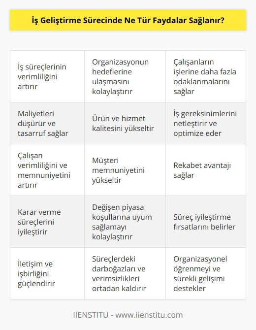 İş geliştirme süreci, bir organizasyonun hedeflerini gerçekleştirmesine yardımcı olacak şekilde işleri geliştirmesine izin veren bir süreçtir. Faydaları arasında, işlerin verimliliğinin artması, giderlerin azaltılması, çalışanların verimliliğinin ve memnuniyetinin artması, müşteri memnuniyetinin artması ve ürün ve hizmet kalitesinin artması sayılabilir. Ayrıca, iş geliştirme süreci, çalışanların işlerine daha fazla odaklanmalarını sağlamak için gereksinimler ve işler arasındaki ilişkileri gözden geçirme fırsatı sunar.