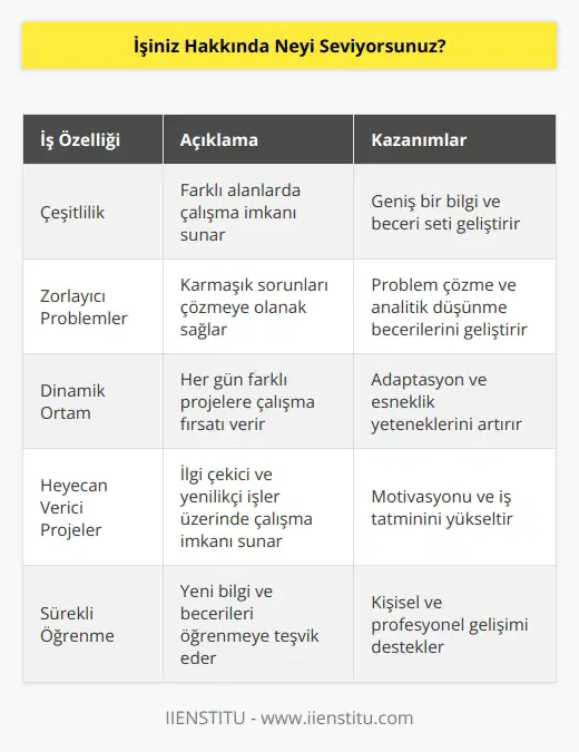 Sevdiğim şey, özellikle de işimin çeşitli alanlarda çok farklı ve zorlu problemleri çözmeye olanak sağlaması. Ayrıca, her gün farklı ve heyecan verici projelere çalışmamı sağlayan bir ortamda çalışmaktan da büyük keyif alıyorum.