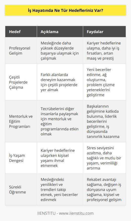 İş hayatımda, öncelikle profesyonel gelişimime odaklanmak istiyorum ve mesleğimde daha yüksek düzeylerde başarıya ulaşmak için çalışmak istiyorum. Ayrıca, işimde    ve çok sayıda konuda deneyim kazanmak amacıyla çeşitli projelerde çalışmak istiyorum. Son olarak, tecrübelerimi diğer insanlarla paylaşmak için mentorluk ve eğitim programlarında etkin olmak istiyorum.