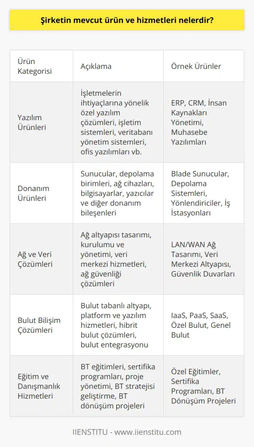 Şirketin mevcut ürün ve hizmetleri, ürünleri, yazılım ve donanım ürünleri, ağ ve veri çözümleri, saklama çözümleri, yazılım ve donanım desteği, çözümleri, bilişim ve güvenlik çözümleri, eğitim ve danışmanlık hizmetleri, bulut bilişim çözümleri, mobil çözümler, internet ve uygulama çözümleri gibi çeşitli kategorileri kapsamaktadır.