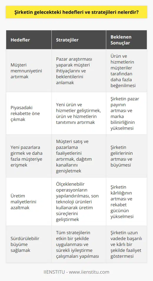 Şirketin gelecekteki hedefleri ve stratejileri, ürün ve hizmetlerinin müşterileri tarafından beğenilmesini, piyasadaki rekabette öne çıkmasını, marka bilinirliğini arttırmasını, yeni ürün ve hizmetler geliştirmesini, yeni pazarlara girmesini, daha fazla müşteriye erişmesini ve üretim üzerindeki maliyetleri azaltmayı hedeflemektedir. Bunu gerçekleştirmek için, şirketin stratejileri arasında; pazar araştırması yaparak müşteri ihtiyaçlarını ve beklentilerini anlamak, yeni ürün ve hizmetler geliştirmek, ürün ve hizmetlerin tanıtımını arttırmak, müşteri satış ve pazarlama faaliyetlerini arttırmak, ölçeklenebilir operasyonların yapılandırılması, üretim maliyetlerini azaltmak, dağıtım kanallarını genişletmek ve son teknoloji ürünleri kullanarak üretim süreçlerini geliştirmek olacaktır.