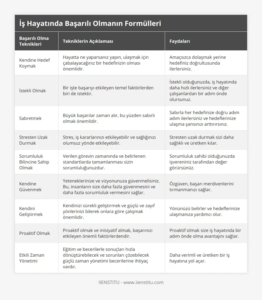 Kendine Hedef Koymak, Hayatta ne yaparsanız yapın, ulaşmak için çabalayacağınız bir hedefinizin olması önemlidir, Amaçsızca dolaşmak yerine hedefiniz doğrultusunda ilerlersiniz, İstekli Olmak, Bir işte başarıyı etkileyen temel faktörlerden biri de istektir, İstekli olduğunuzda, iş hayatında daha hızlı ilerlersiniz ve diğer çalışanlardan bir adım önde olursunuz, Sabretmek, Büyük başarılar zaman alır, bu yüzden sabırlı olmak önemlidir, Sabırla her hedefinize doğru adım adım ilerlersiniz ve hedeflerinize ulaşma şansınızı arttırırsınız, Stresten Uzak Durmak, Stres, iş kararlarınızı etkileyebilir ve sağlığınızı olumsuz yönde etkileyebilir, Stresten uzak durmak sizi daha sağlıklı ve üretken kılar , Sorumluluk Bilincine Sahip Olmak, Verilen görevin zamanında ve belirlenen standartlarda tamamlanması sizin sorumluluğunuzdur, Sorumluluk sahibi olduğunuzda işvereniniz tarafından değer görürsünüz, Kendine Güvenmek, Yeteneklerinize ve vizyonunuza güvenmelisiniz Bu, insanların size daha fazla güvenmesini ve daha fazla sorumluluk vermesini sağlar, Özgüven, başarı merdivenlerini tırmanmanızı sağlar, Kendini Geliştirmek, Kendinizi sürekli geliştirmek ve güçlü ve zayıf yönlerinizi bilerek onlara göre çalışmak önemlidir, Yönünüzü belirler ve hedeflerinize ulaşmanıza yardımcı olur, Proaktif Olmak, Proaktif olmak ve inisiyatif almak, başarınızı etkileyen önemli faktörlerdendir, Proaktif olmak size iş hayatında bir adım önde olma avantajını sağlar, Etkili Zaman Yönetimi, Eğitim ve becerilerle sonuçları hızla dönüştürebilecek ve sorunları çözebilecek güçlü zaman yönetimi becerilerine ihtiyaç vardır, Daha verimli ve üretken bir iş hayatına yol açar