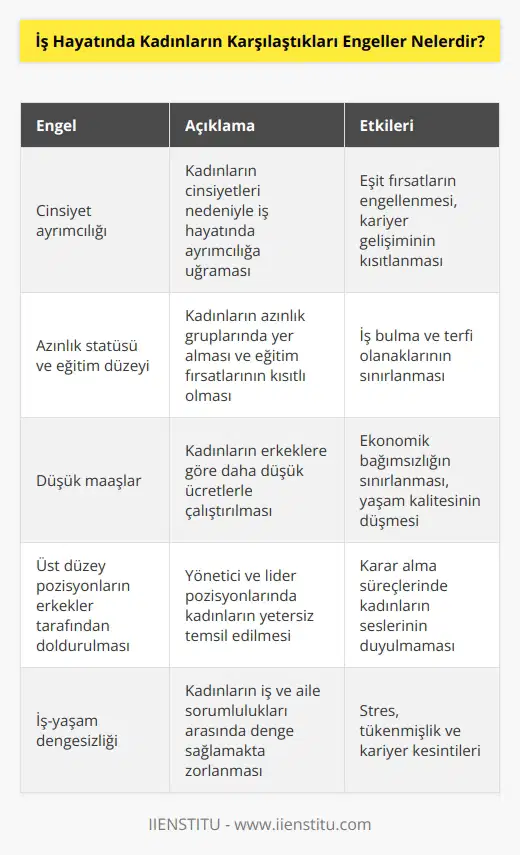Kadınların iş hayatında karşılaştıkları engeller arasında cinsiyet ayrımcılığı, azınlık statüsü ve eğitim düzeyi, düşük maaşlar, üst düzey pozisyonların erkekler tarafından doldurulması, kariyer konularında tecrübe eksikliği, ekonomik ve sosyal rollerdeki kadının sınırlı olması, çalışma saatlerinin uyumsuzluğu, işyerinde cinsiyete dayalı kültürler, çalışma hayatının sürdürülebilirliği, işyerinde eşitlik ve adaletin sağlanması gibi konular sayılabilir.