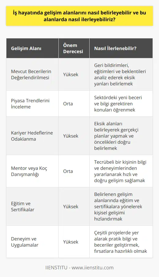 Mevcut Becerilerin Değerlendirilmesi  İş hayatında gelişim alanlarını belirleyebilmek için öncelikle mevcut beceri ve yeteneklerimizi değerlendirmemiz gerekir. Bu değerlendirme sırasında gerçekleştirdiğimiz işlerden alınan geri bildirimleri, yaptığımız eğitimler ve sizden beklentileri göz önünde bulundurarak eksik yanlarımızı belirleyebiliriz.  Piyasa Trendlerini İncelemek   Gelişim alanlarını belirlemekte bir diğer etken ise piyasa trendlerinin incelenmesidir. Çalıştığımız sektörde ve ilgi alanlarımıza göre yeni beceri ve bilgi gerektiren konuları öğrenmek, iş hayatında sürekli gelişim sağlamada önemli bir adımdır.  Kariyer Hedeflerine Odaklanma   Hedeflerimize ulaşmak için eksik olduğumuz alanları belirleyerek hangi beceri ve bilgilerin geliştirilmesi gerektiğine karar vermek ve bu hedeflerin gerçekçi planlarla ele almak gereklidir. Kariyer beklentilerimize göre gelişim ve ilerleme sağlamak için bu öncelikleri doğru şekilde belirlemek önem arz etmektedir.  Mentor veya Koç Danışmanlığı   İş hayatında ilerlemek ve gelişim alanlarımızı belirlemek için profesyonel yardım almak önemlidir. Mentor ya da koç danışmanlığı sayesinde tecrübeli bir kişinin bilgi ve deneyimlerinden yararlanarak hızlı ve doğru şekilde gelişim sağlayabiliriz.   Eğitim ve Sertifikalar   Belirlenen gelişim alanlarında ilerlemek amacıyla eğitim ve sertifikalara yönelmek, işverenlere ve bireysel başarılara katkıda bulunacaktır. Bu tür yatırımlar, Kişisel gelişim süreçlerini hızlandırır ve iş dünyasında sürekli başarı sağlamaya yardımcı olur.  Deneyim ve Uygulamalar   Teorik bilgilere ek olarak, gelişim sağlamak için iş hayatında yeni deneyimler kazanmak ve uygulamalara katılmak önemlidir. Çeşitli projelerde yer alarak pratik bilgi ve beceriler geliştirmek, yakalanabilecek fırsatlara hazırlıklı olmayı sağlar.  Sonuç olarak, iş hayatında gelişim alanlarını belirlemek ve ilerlemek, sürekli öğrenme ve kendini yenileme ile sağlanmalıdır. Bu süreçte değerlendirme, eğitim ve uygulamaya önem vererek, kariyer beklentilerimize göre hareket etmek başarıya ulaşmak için etkili bir yöntem olacaktır.