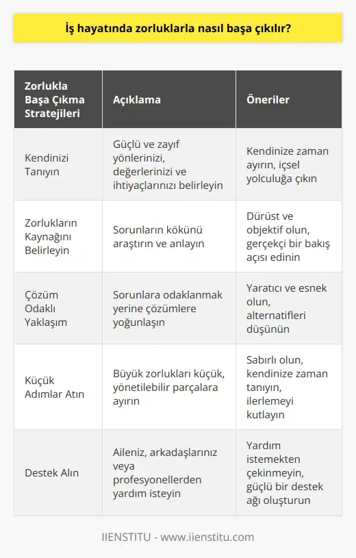 İş hayatında zorluklarla başa çıkmak için, öncelikle kendinizi iyi tanımanız ve nelerin size iyi geldiğini bilmeniz gerekir. Sonra, zorluklarınızın kaynağını belirlemelisiniz. Belirleyebildiğiniz zorlukların üstesinden gelmek için, çözüm odaklı bakış açısıyla yaklaşmalısınız. Bu işlemi yaparken, zorluklarınızı küçük adımlar halinde aşmaya çalışmalısınız. Ayrıca, zorluklarla başa çıkmada size yardımcı olabilecek kişiler aramalı ve destek almalısınız. Profesyonel yardım almayı da düşünebilirsiniz. Her zaman öncelikle sağlığınıza dikkat etmenizi öneririz.